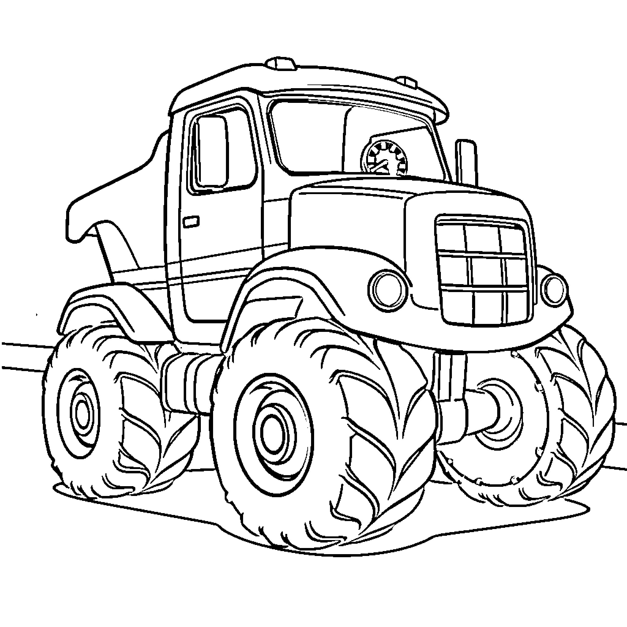 Truck with large tires and cabin on dirt road Coloring Page (free black-and-white line drawing printable PDF for all, from beginners to advanced learners, including children, teens, adults, and seniors)