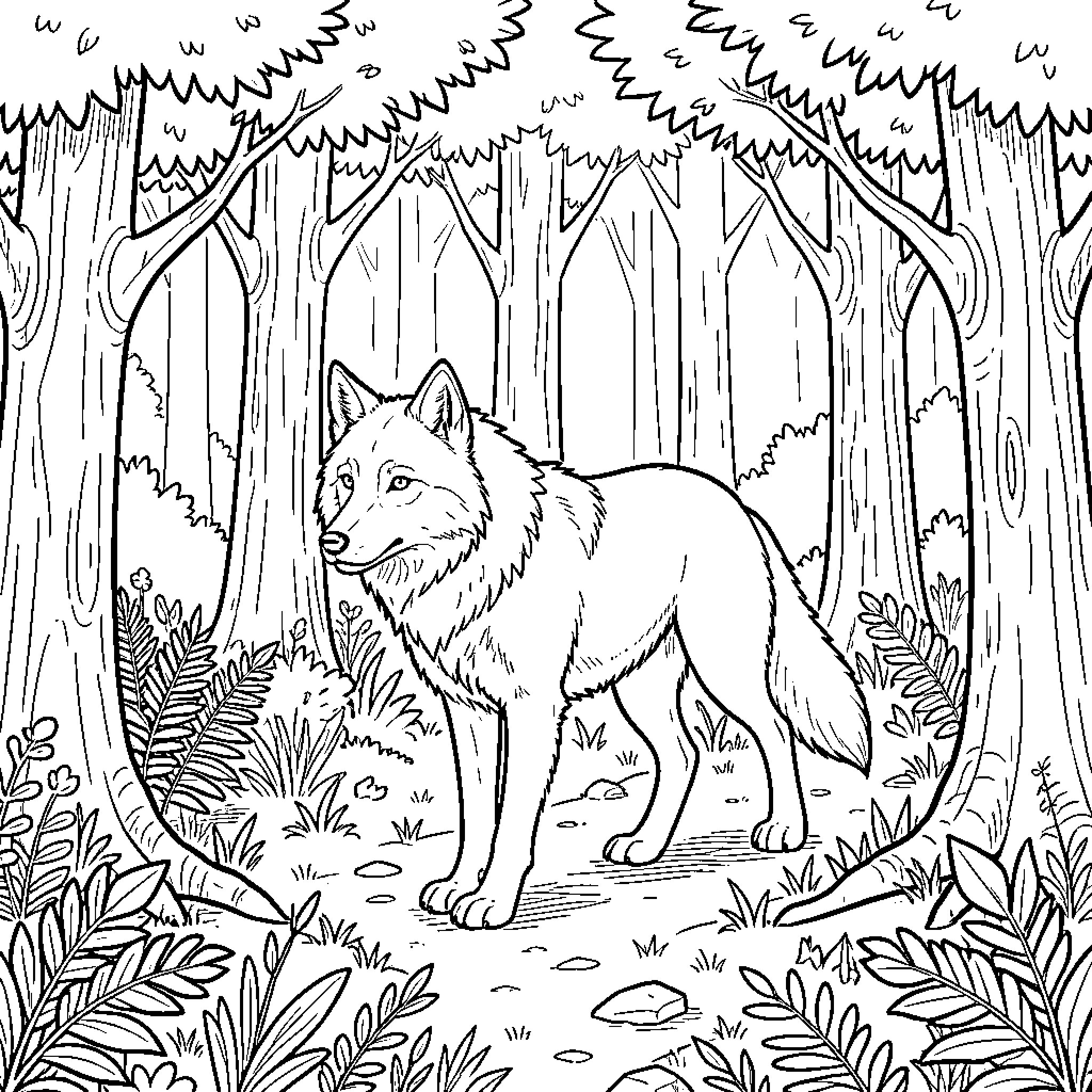 Wolf wandering through the enchanting forest Coloring Page (free black-and-white line drawing printable PDF for all, from beginners to advanced learners, including children, teens, adults, and seniors)