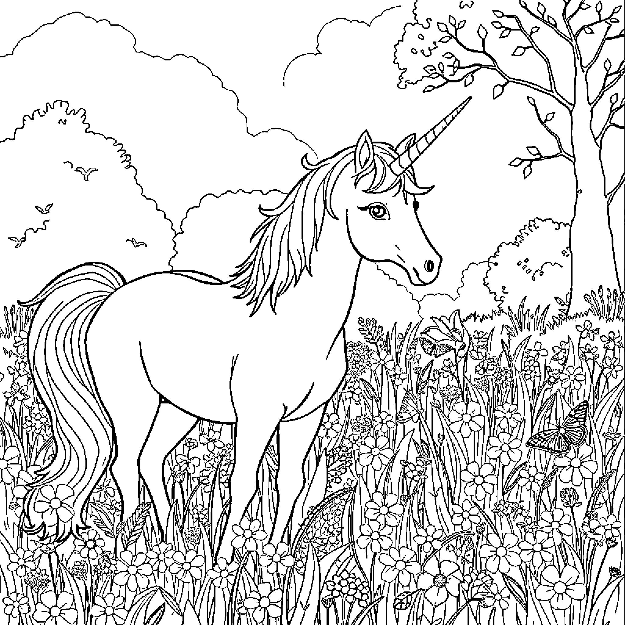 Unicorn standing majestically in a magical floral landscape Coloring Page (free black-and-white line drawing printable PDF for all, from beginners to advanced learners, including children, teens, adults, and seniors)