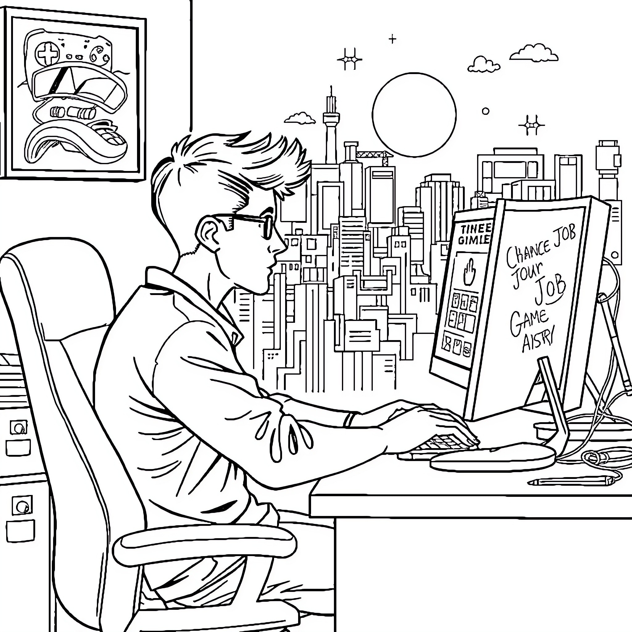 Job of a Gamer in the City Coloring Page (free black-and-white line drawing printable PDF for all, from beginners to advanced learners, including children, teens, adults, and seniors)