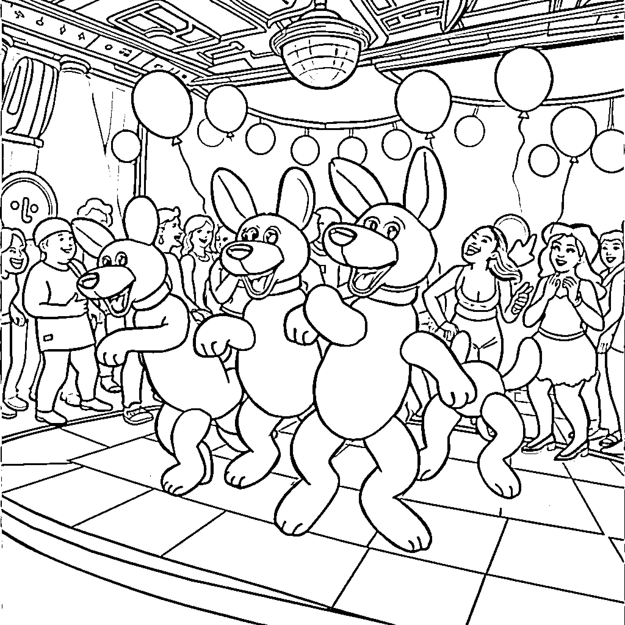 Balloon Dog characters celebrating at a party Coloring Page (free black-and-white line drawing printable PDF for all, from beginners to advanced learners, including children, teens, adults, and seniors)