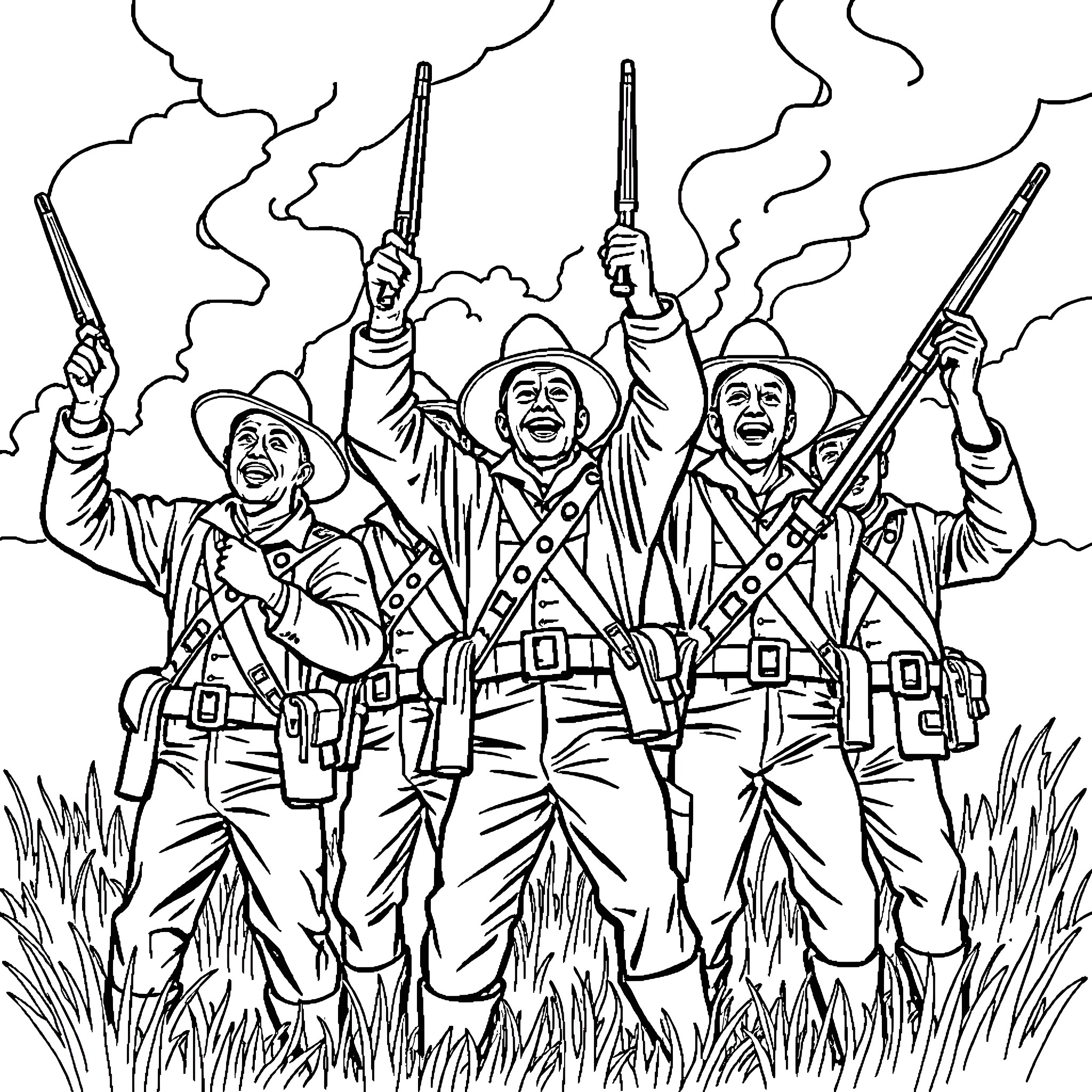 Soldiers in battle firing weapons with determination Coloring Page (free black-and-white line drawing printable PDF for all, from beginners to advanced learners, including children, teens, adults, and seniors)