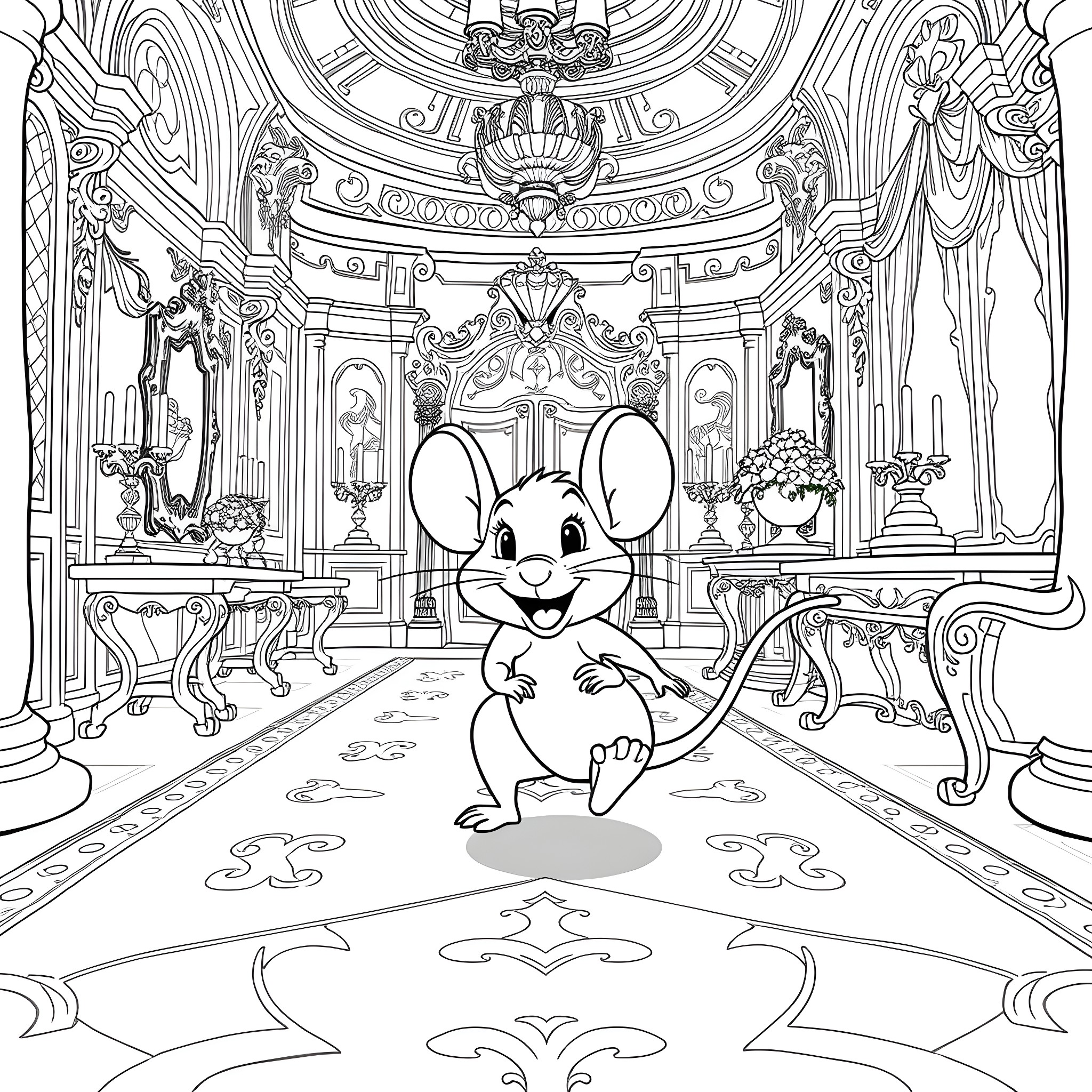 Cinderella's Magical Palace Adventure Coloring Page (free black-and-white line drawing printable PDF for all, from beginners to advanced learners, including children, teens, adults, and seniors)