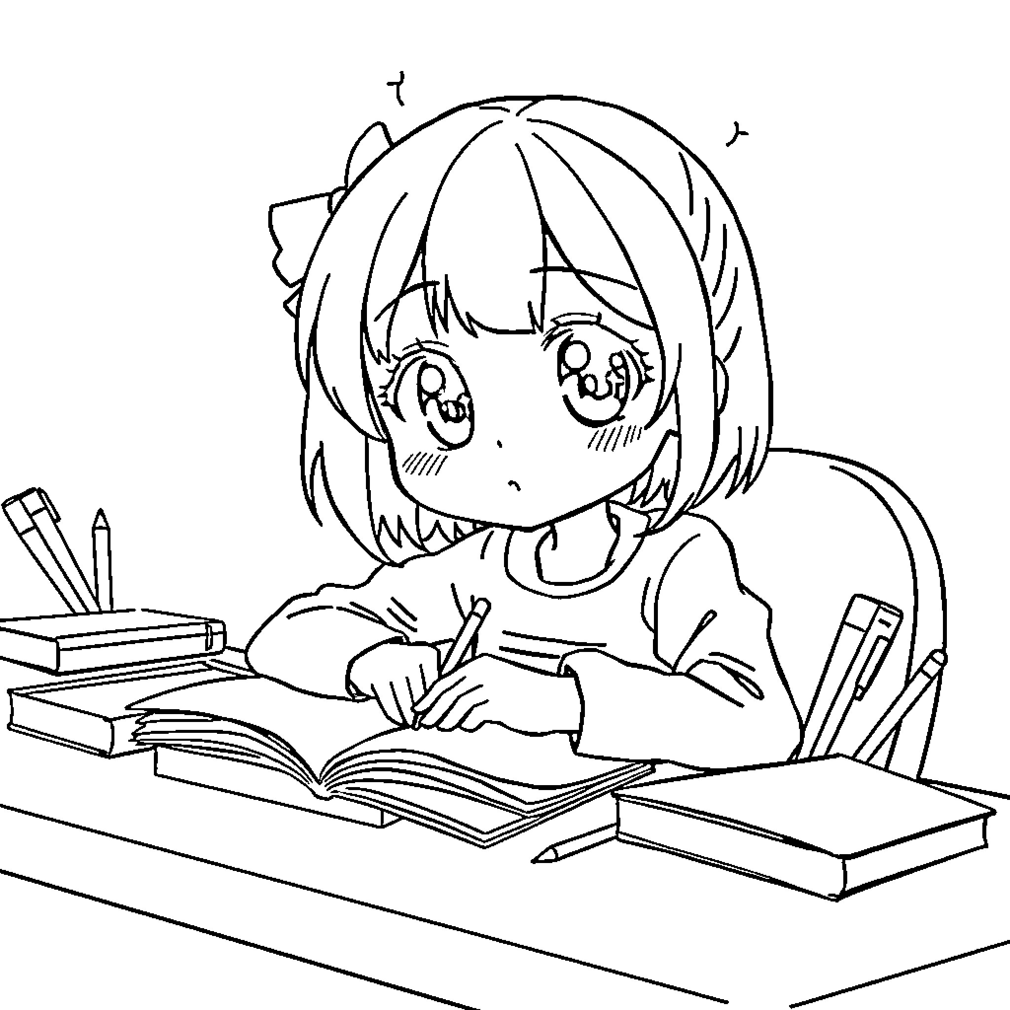 Anime Girl Diligently Studying at Desk Coloring Page (free black-and-white line drawing printable PDF for all, from beginners to advanced learners, including children, teens, adults, and seniors)