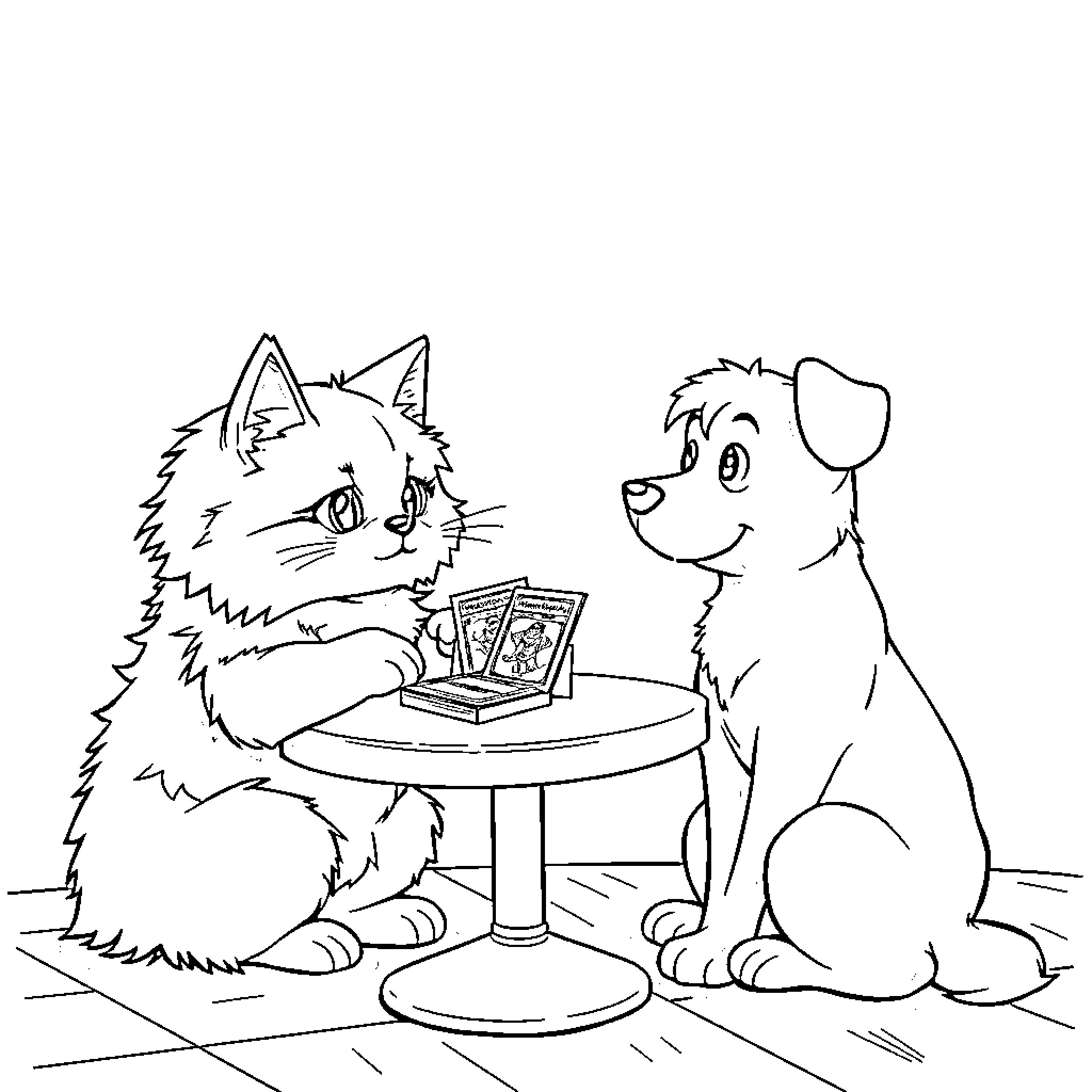 Cat playing with cards and dog Coloring Page (free black-and-white line drawing printable PDF for all, from beginners to advanced learners, including children, teens, adults, and seniors)