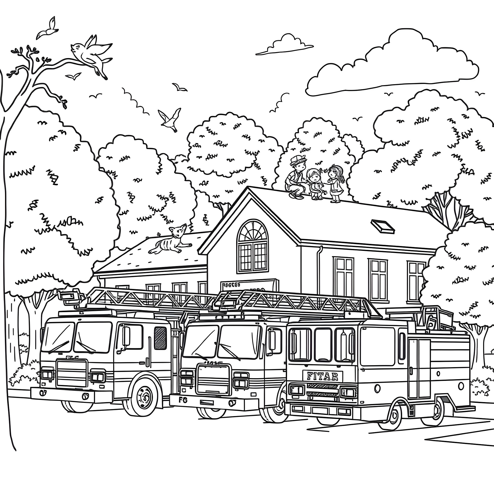 Fire Truck Responding to Emergency Call in Suburban Neighborhood Coloring Page (free black-and-white line drawing printable PDF for all, from beginners to advanced learners, including children, teens, adults, and seniors)