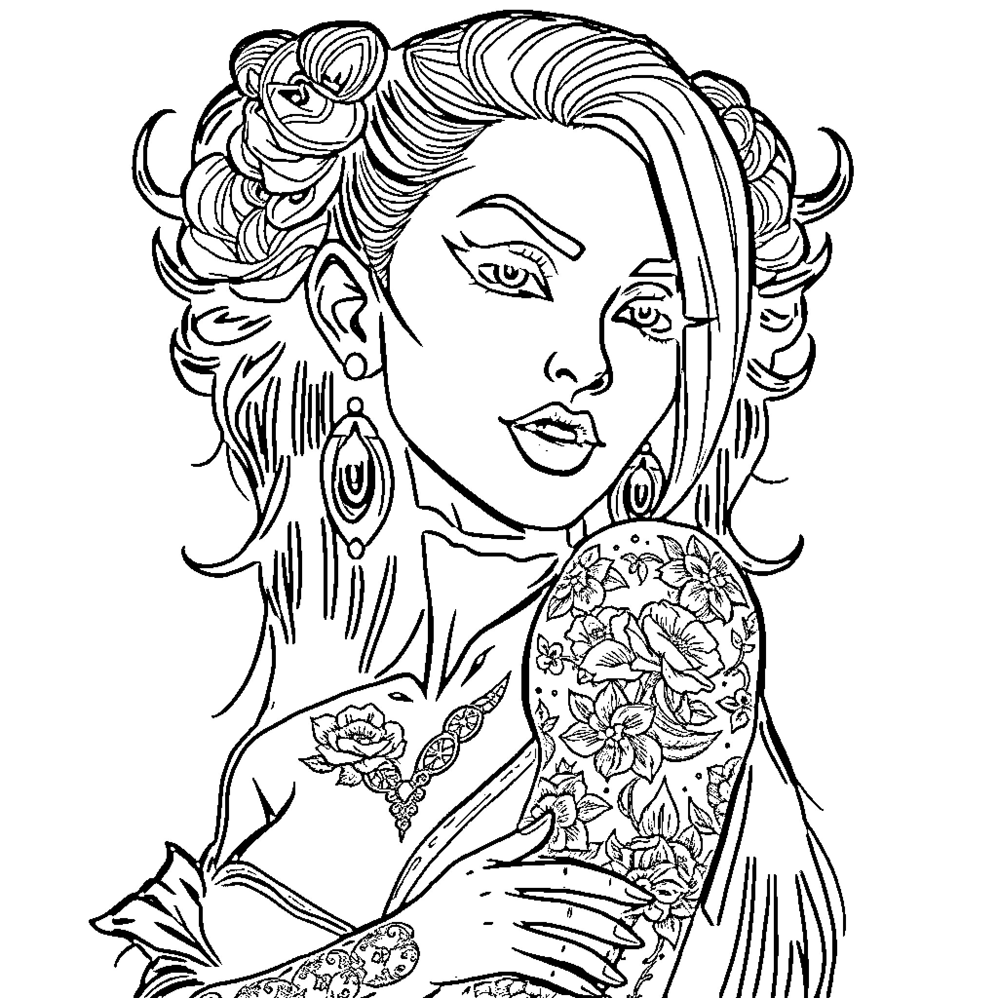 Woman with Intricate Tattoos and Ornate Hairstyle Coloring Page (free black-and-white line drawing printable PDF for all, from beginners to advanced learners, including children, teens, adults, and seniors)
