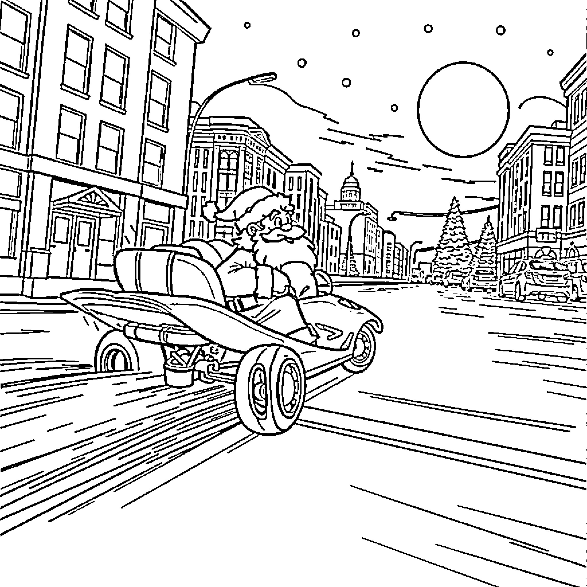 Santa's Festive Ride through the City Coloring Page (free black-and-white line drawing printable PDF for all, from beginners to advanced learners, including children, teens, adults, and seniors)