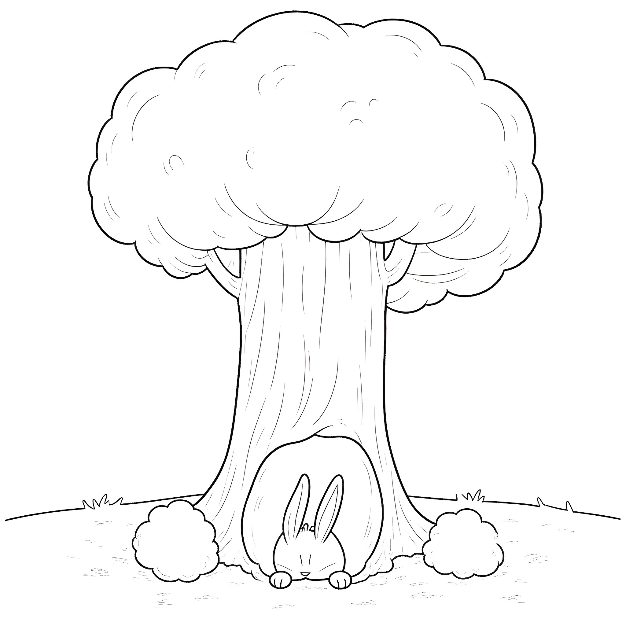 Bunny hiding under the big tree Coloring Page (free black-and-white line drawing printable PDF for all, from beginners to advanced learners, including children, teens, adults, and seniors)