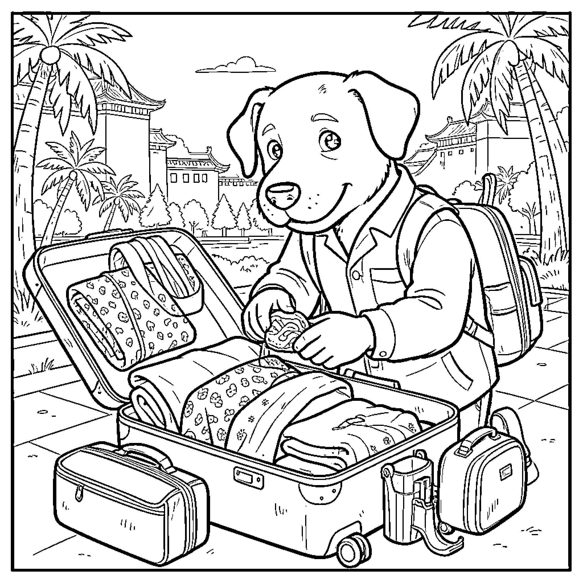 Dogman Packing for Vacation with Luggage Coloring Page (free black-and-white line drawing printable PDF for all, from beginners to advanced learners, including children, teens, adults, and seniors)