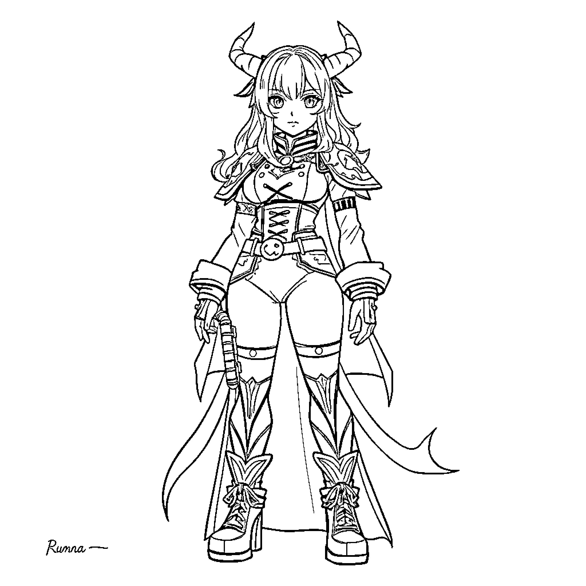 Rumi's Mythical Warrior Costume Coloring Page (free black-and-white line drawing printable PDF for all, from beginners to advanced learners, including children, teens, adults, and seniors)