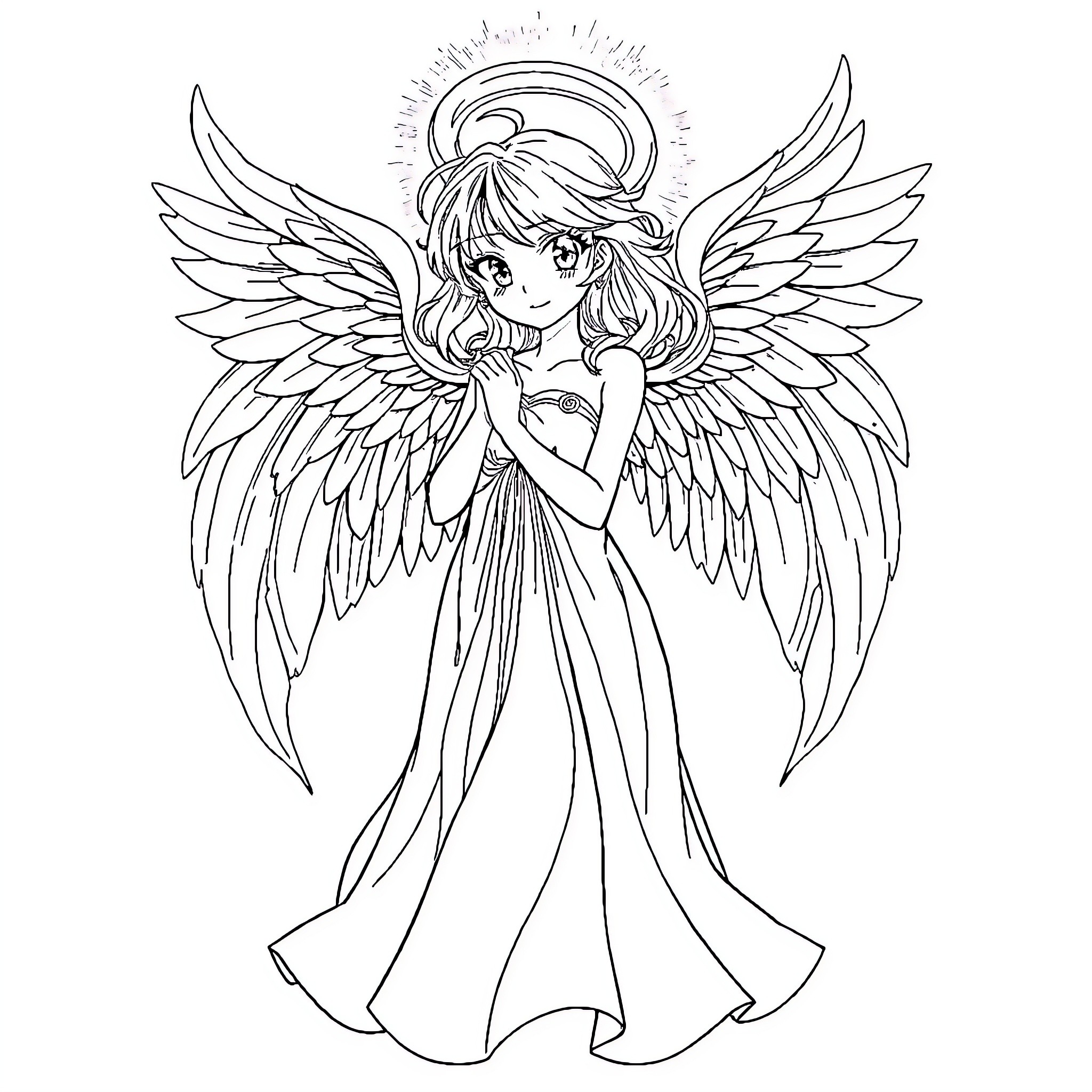 Angel with Outstretched Wings and Flowing Dress Coloring Page (free black-and-white line drawing printable PDF for all, from beginners to advanced learners, including children, teens, adults, and seniors)