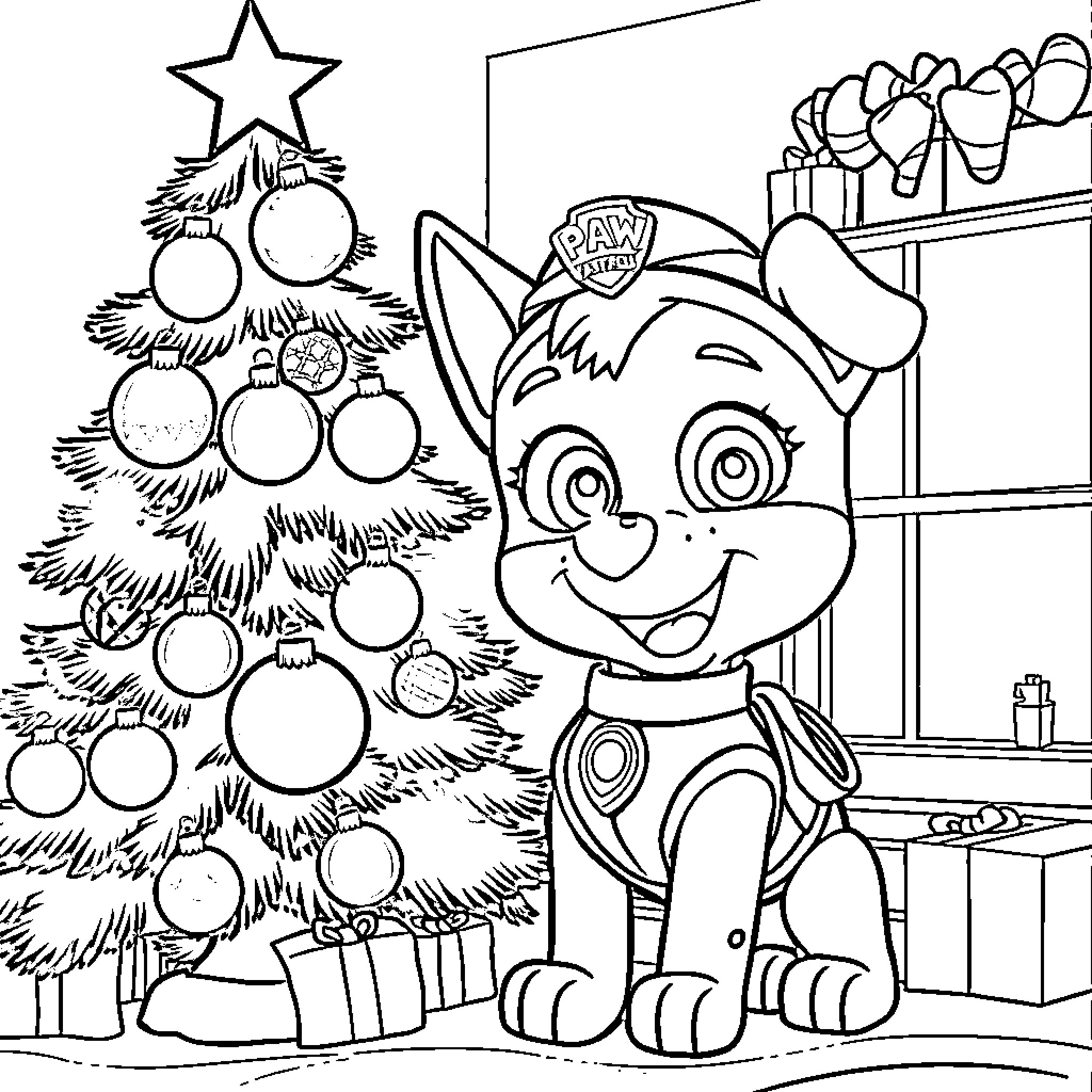 Paw Patrol pup celebrates Christmas by the tree Coloring Page (free black-and-white line drawing printable PDF for all, from beginners to advanced learners, including children, teens, adults, and seniors)