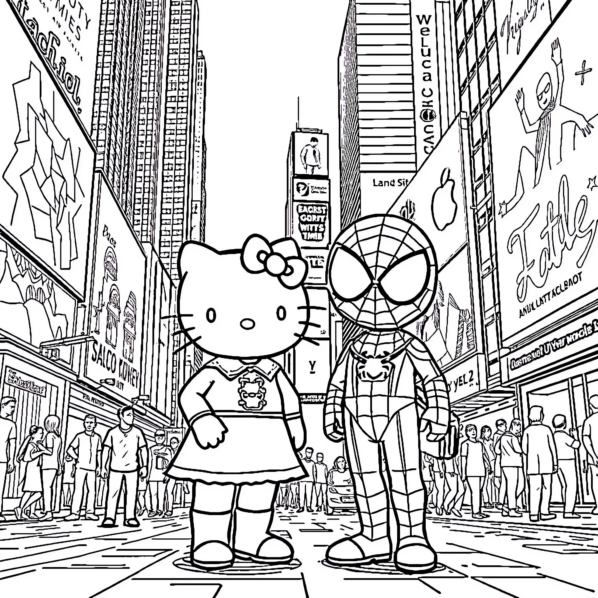Hello Kitty and Spiderman in Times Square Coloring Page (free black-and-white line drawing printable PDF for all, from beginners to advanced learners, including children, teens, adults, and seniors)