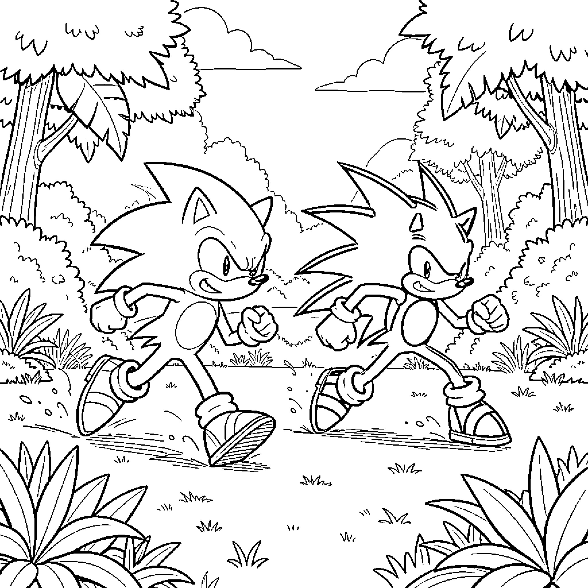 Sonic running energetically through a lush forest scene Coloring Page (free black-and-white line drawing printable PDF for all, from beginners to advanced learners, including children, teens, adults, and seniors)