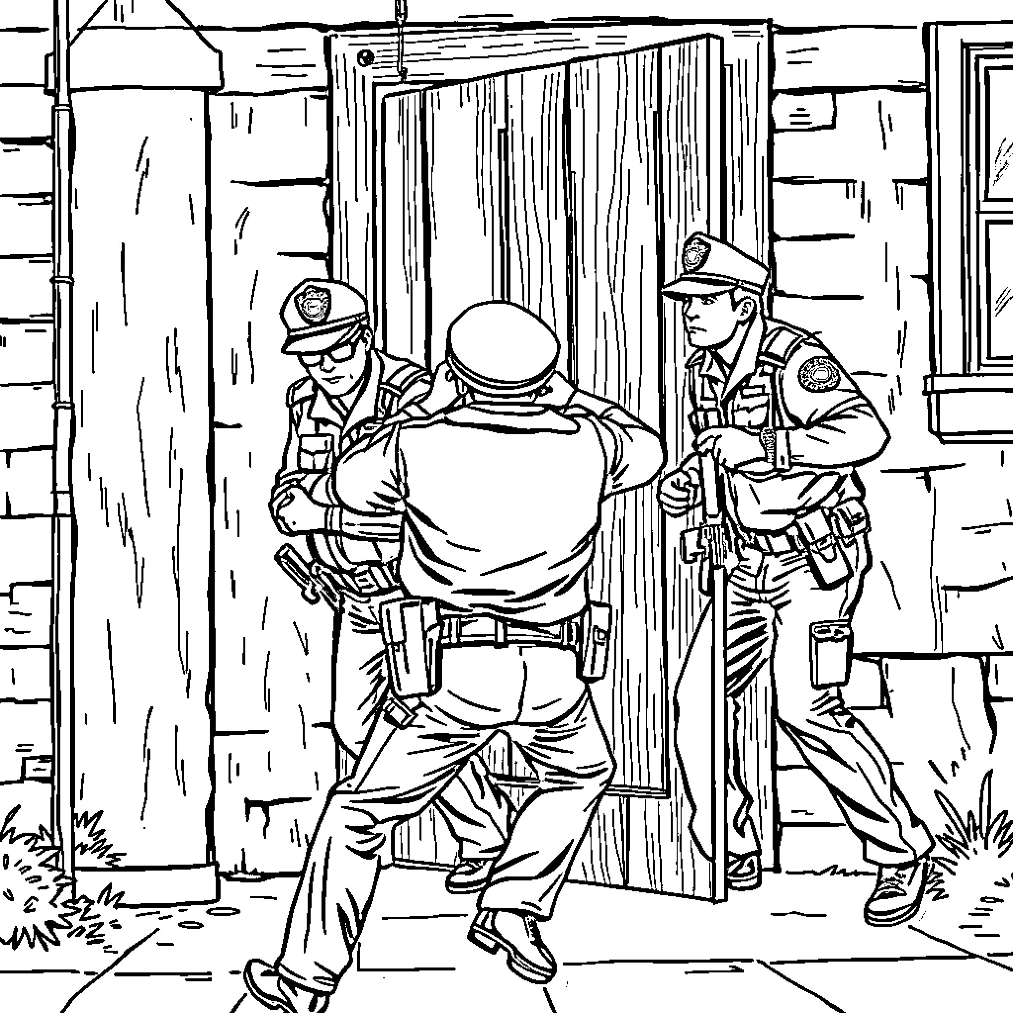 Police Officers Apprehending Suspect at Doorway Coloring Page (free black-and-white line drawing printable PDF for all, from beginners to advanced learners, including children, teens, adults, and seniors)