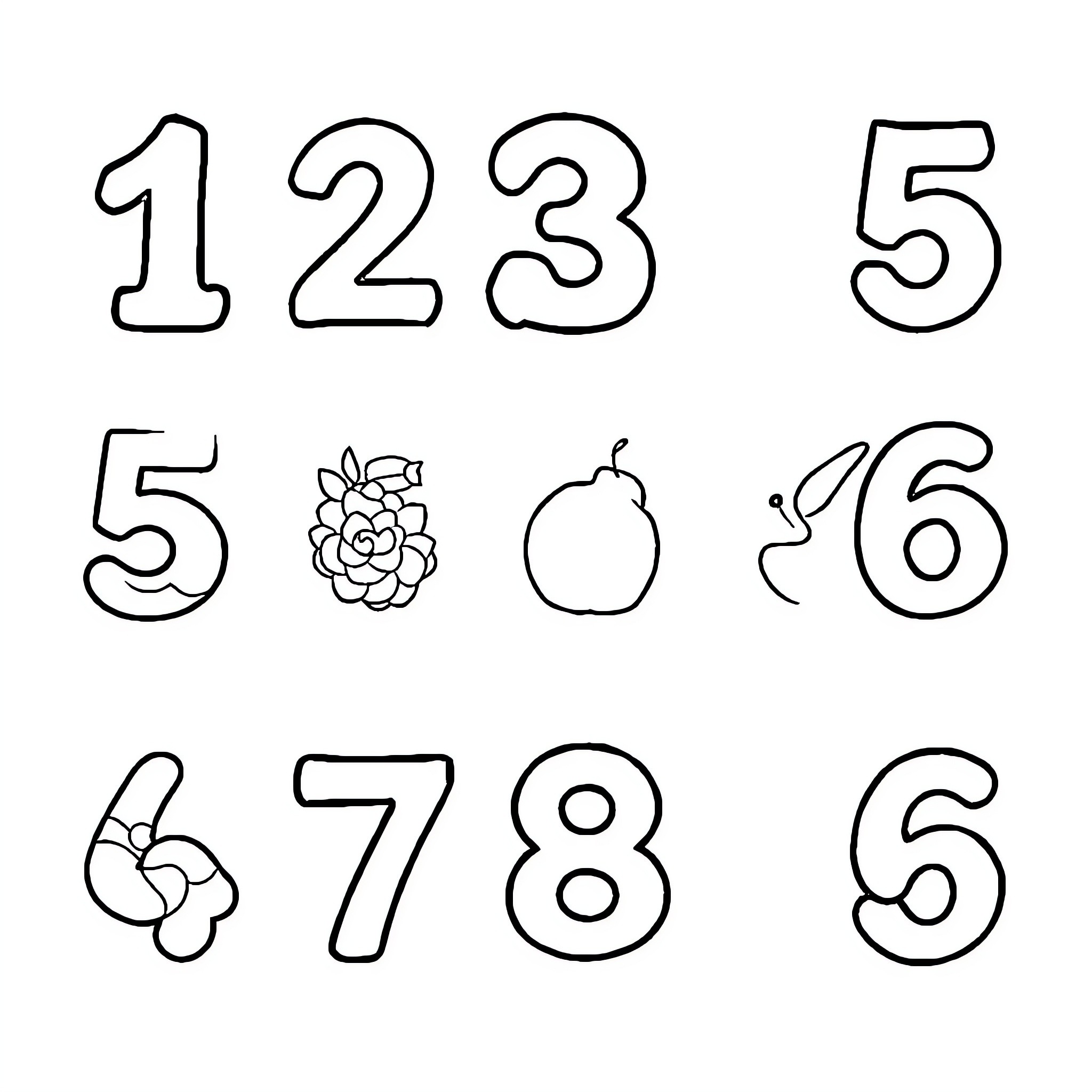 Numbers with simple shapes and objects Coloring Page (free black-and-white line drawing printable PDF for all, from beginners to advanced learners, including children, teens, adults, and seniors)