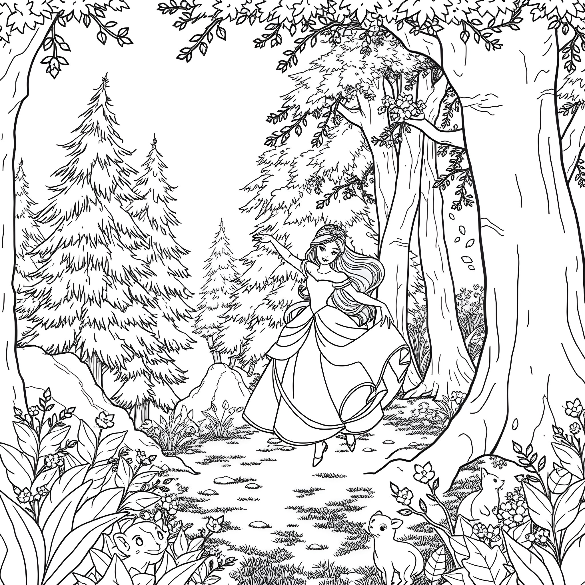 Aurora's Enchanted Forest Exploration Coloring Page (free black-and-white line drawing printable PDF for all, from beginners to advanced learners, including children, teens, adults, and seniors)