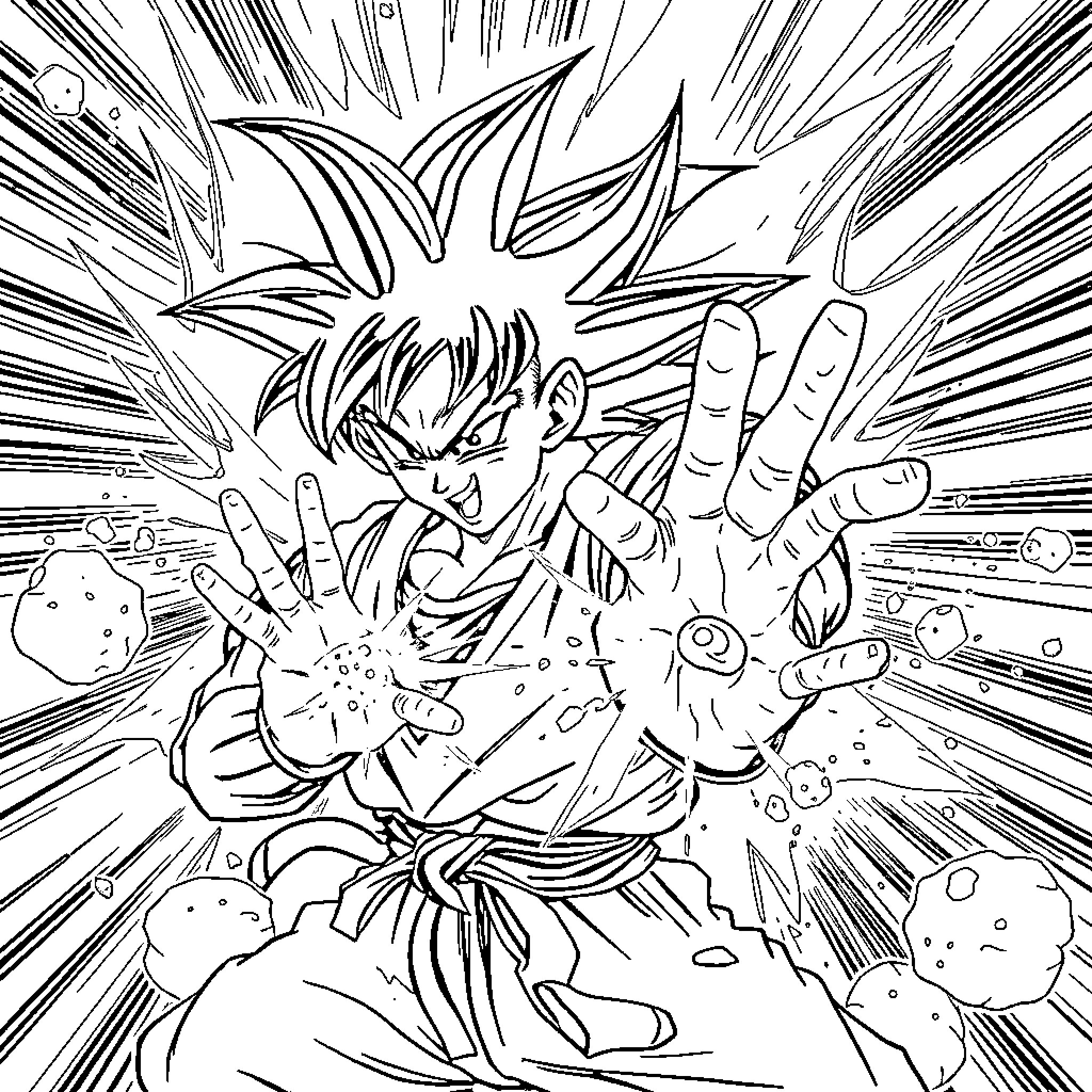 Goku's explosive energy blast Coloring Page (free black-and-white line drawing printable PDF for all, from beginners to advanced learners, including children, teens, adults, and seniors)