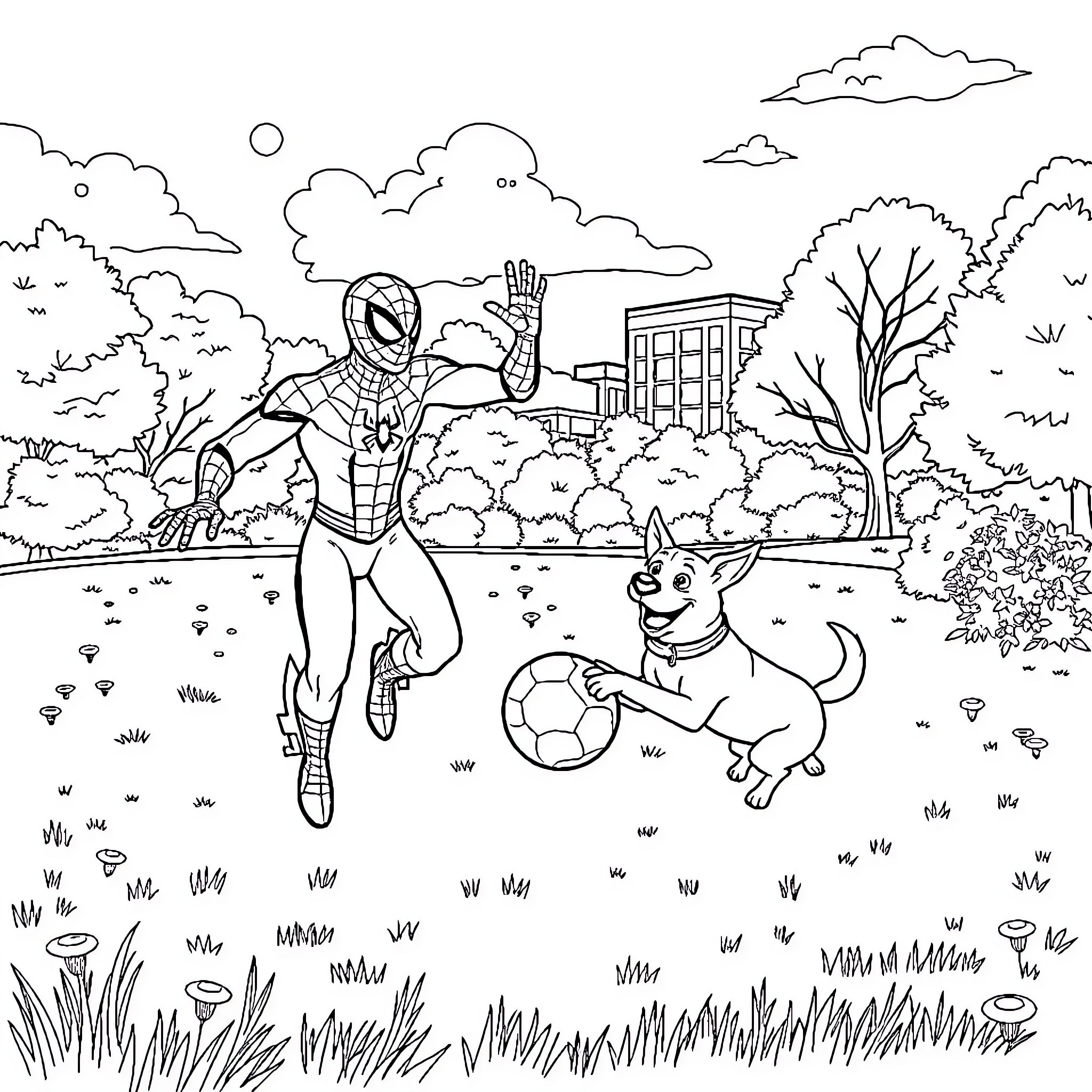 Spiderman's superhero adventure with a playful puppy Coloring Page (free black-and-white line drawing printable PDF for all, from beginners to advanced learners, including children, teens, adults, and seniors)