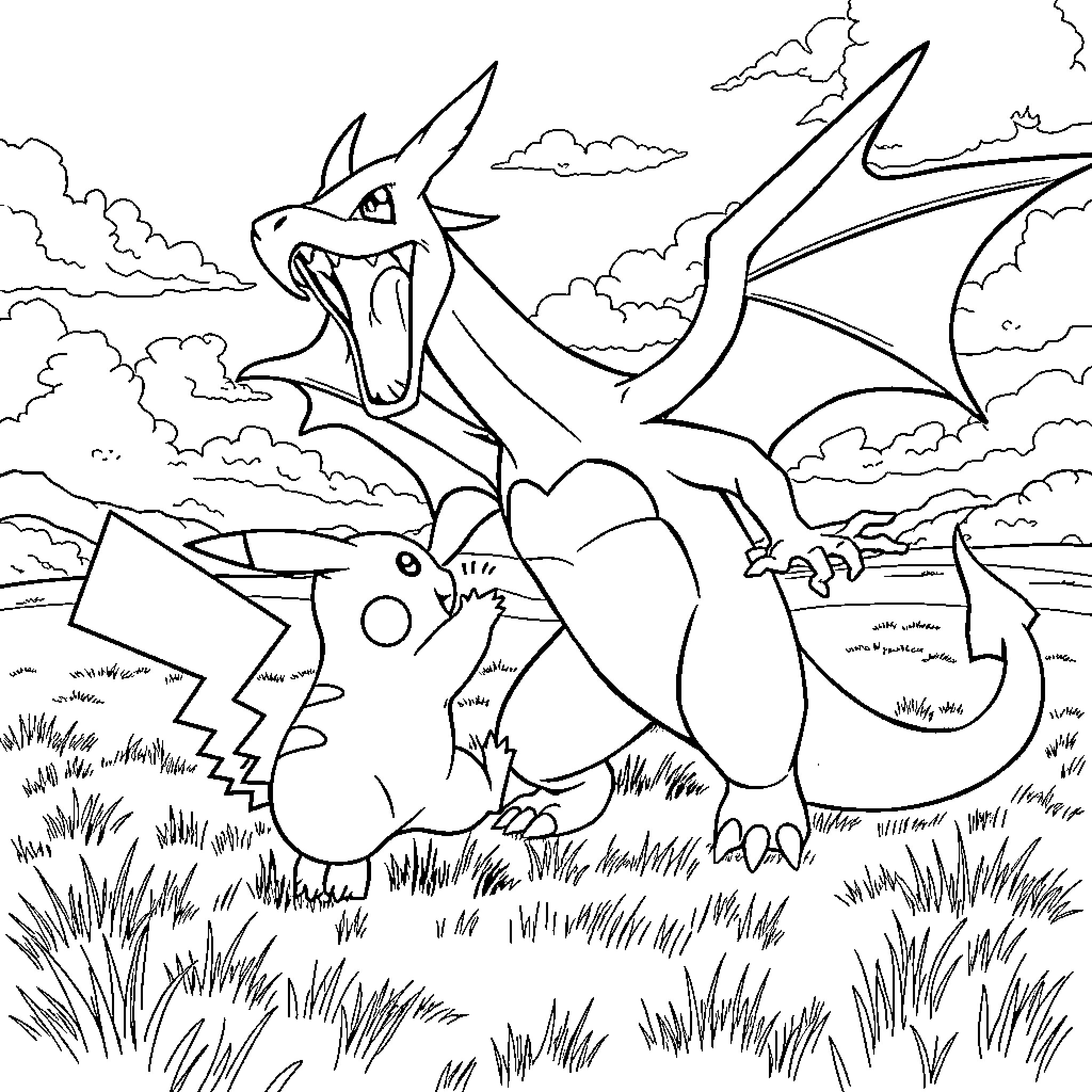 Pikachu playing with giant Pokémon in the field Coloring Page (free black-and-white line drawing printable PDF for all, from beginners to advanced learners, including children, teens, adults, and seniors)