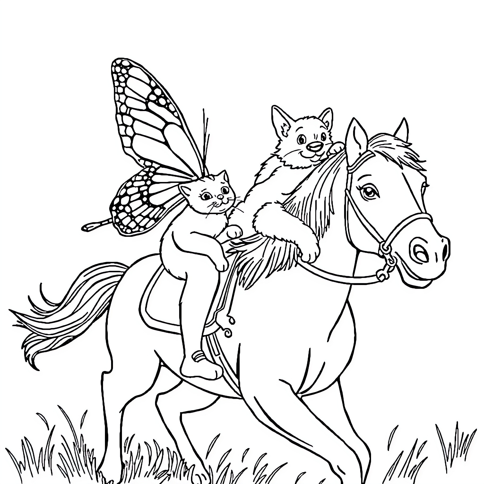 Butterfly-themed Fairy Riding a Horse Coloring Page (free black-and-white line drawing printable PDF for all, from beginners to advanced learners, including children, teens, adults, and seniors)