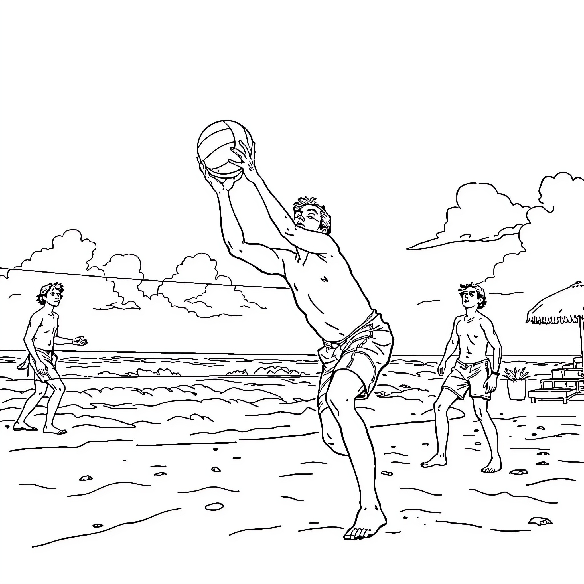 Robert De Niro Playing Volleyball on the Beach Coloring Page (free black-and-white line drawing printable PDF for all, from beginners to advanced learners, including children, teens, adults, and seniors)
