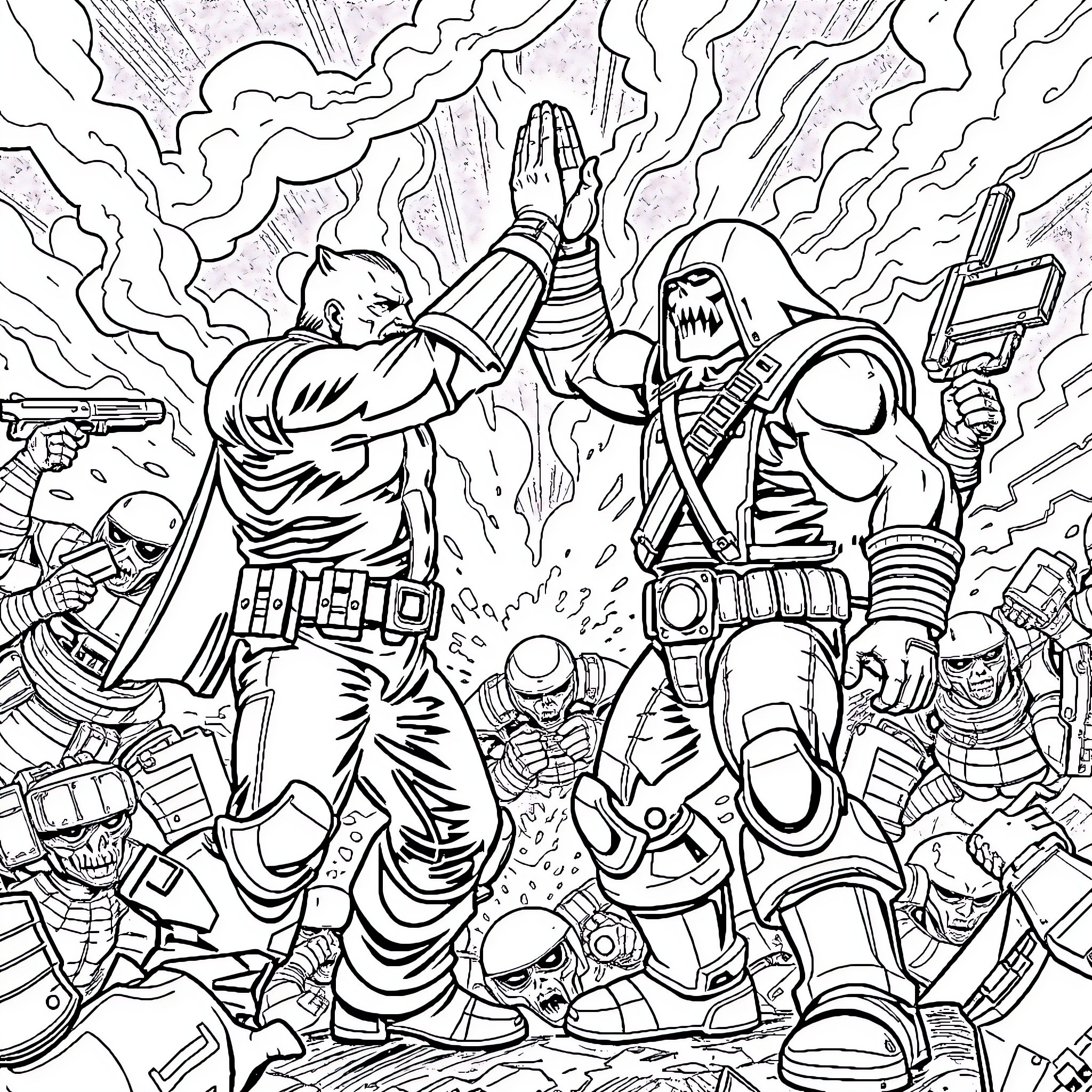 Wolfenstein: Intense Battle Against Armored Foes Coloring Page (free black-and-white line drawing printable PDF for all, from beginners to advanced learners, including children, teens, adults, and seniors)
