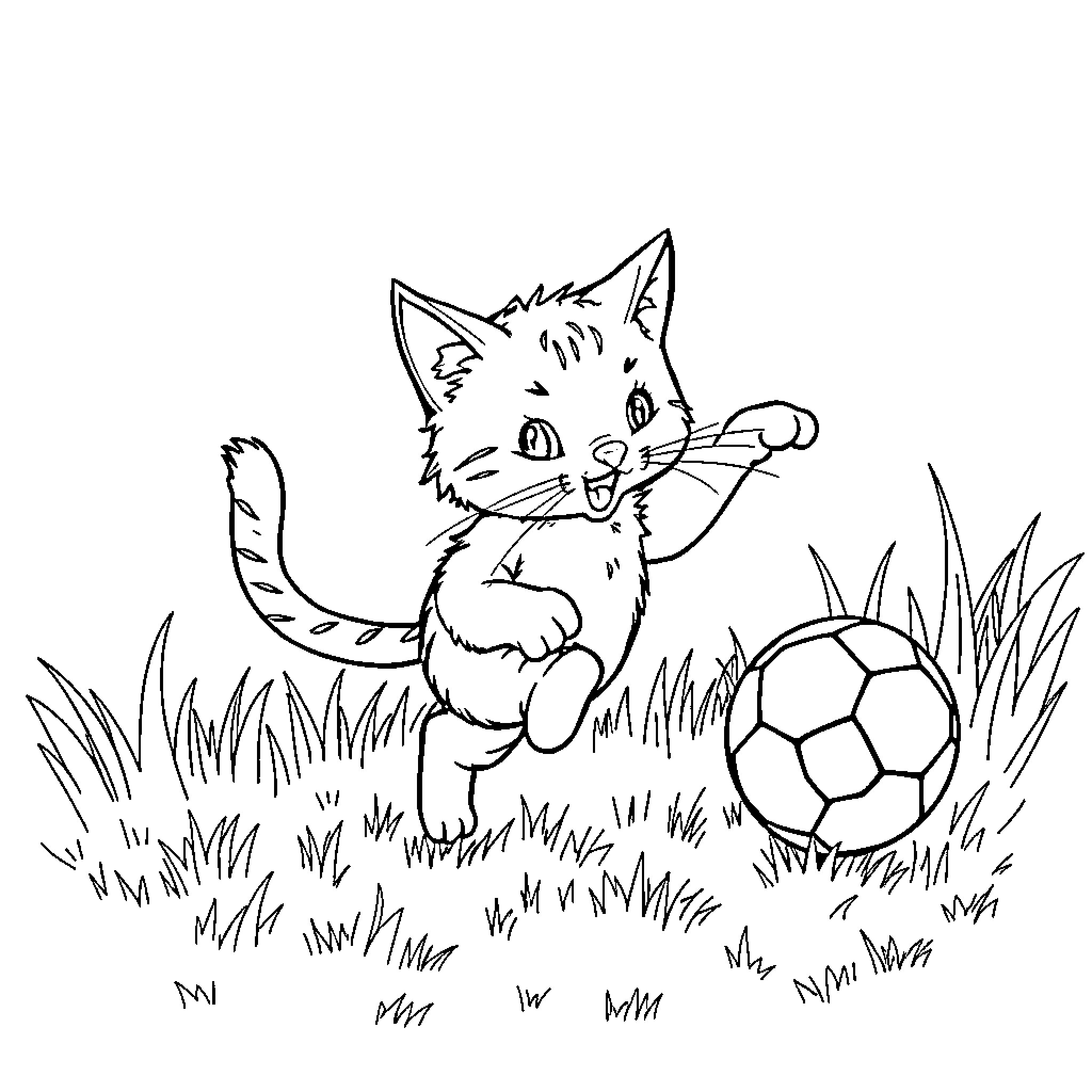 Cat playing with soccer ball in the grass Coloring Page (free black-and-white line drawing printable PDF for all, from beginners to advanced learners, including children, teens, adults, and seniors)