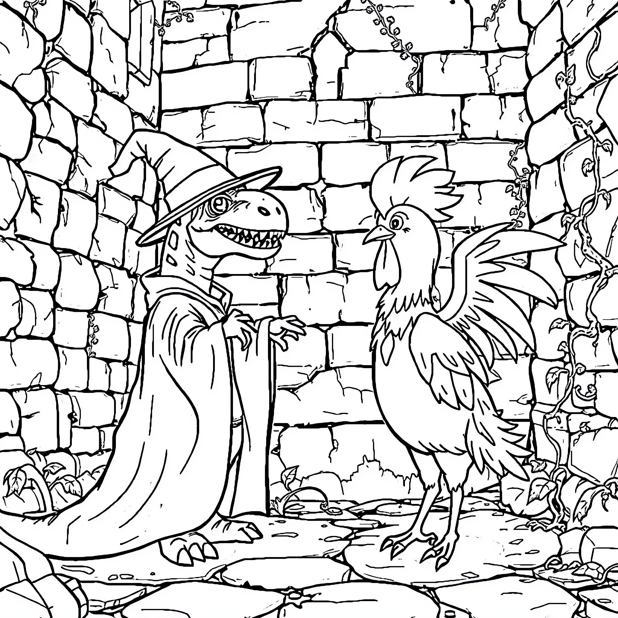 T-Rex Wizard and Rooster in Ruined Castle Coloring Page (free black-and-white line drawing printable PDF for all, from beginners to advanced learners, including children, teens, adults, and seniors)