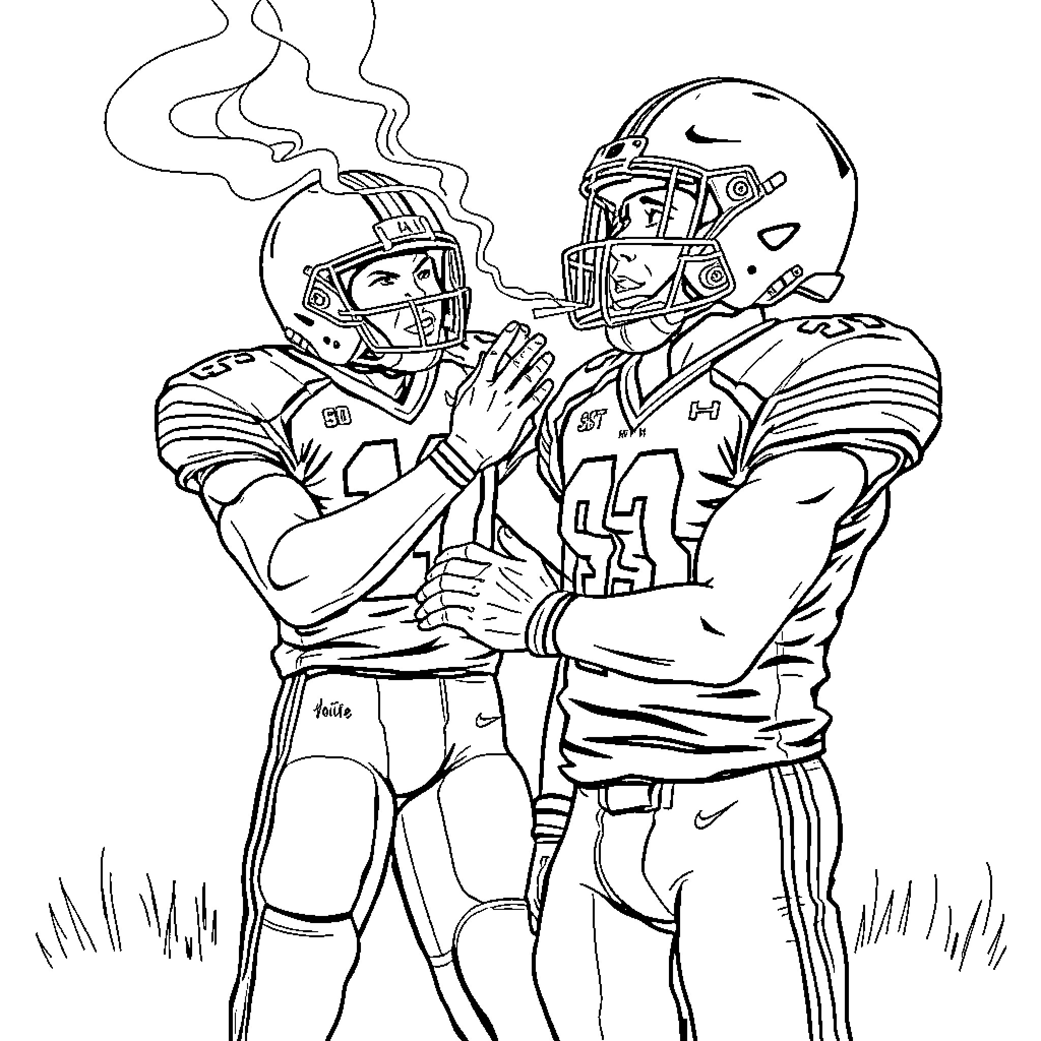 Player Teammates Celebrating Victory on the Field Coloring Page (free black-and-white line drawing printable PDF for all, from beginners to advanced learners, including children, teens, adults, and seniors)