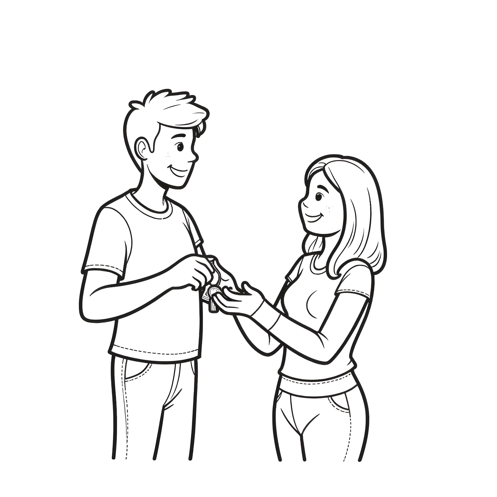 Car displaying affection between two individuals Coloring Page (free black-and-white line drawing printable PDF for all, from beginners to advanced learners, including children, teens, adults, and seniors)