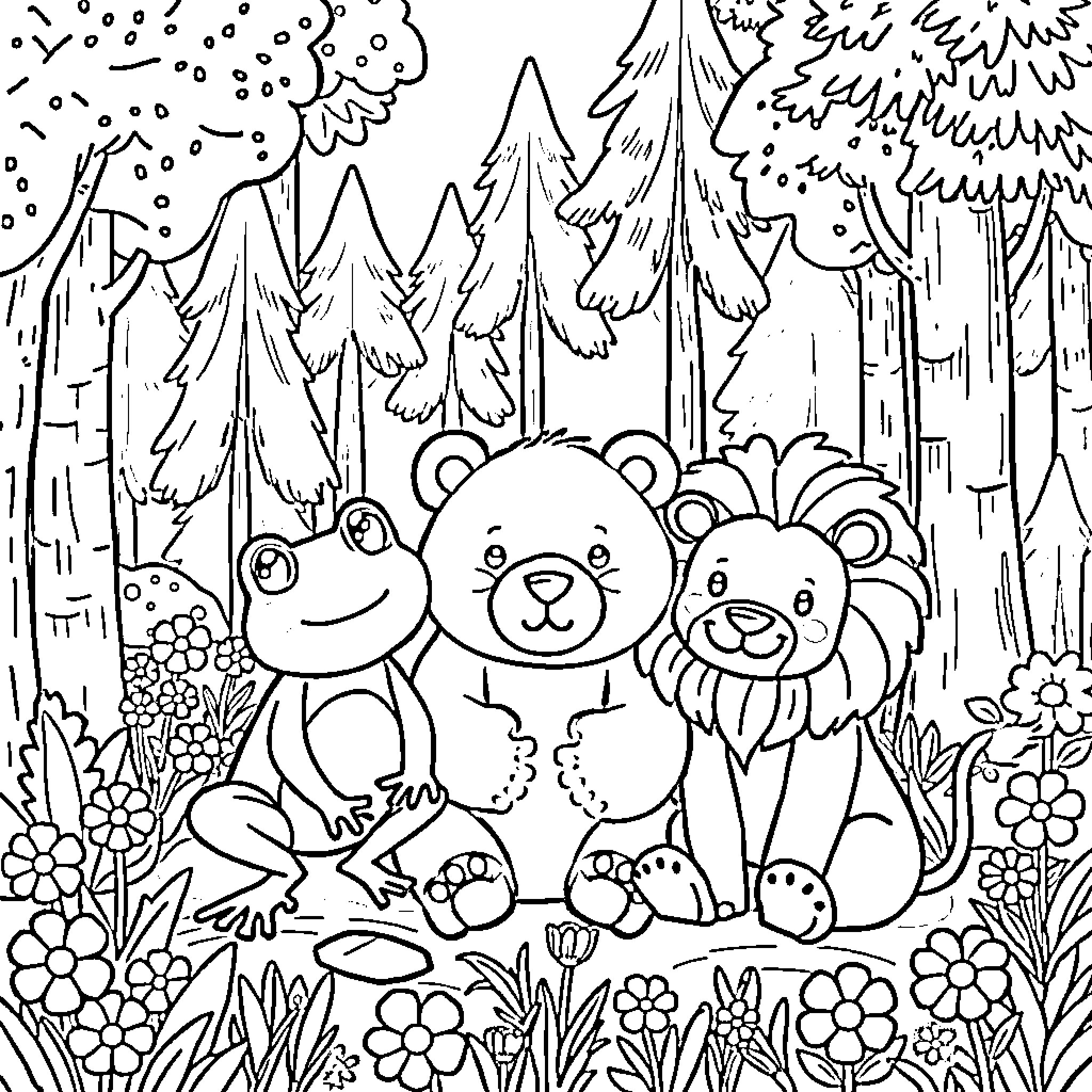 Frog, bear, and lion friends in the forest Coloring Page (free black-and-white line drawing printable PDF for all, from beginners to advanced learners, including children, teens, adults, and seniors)