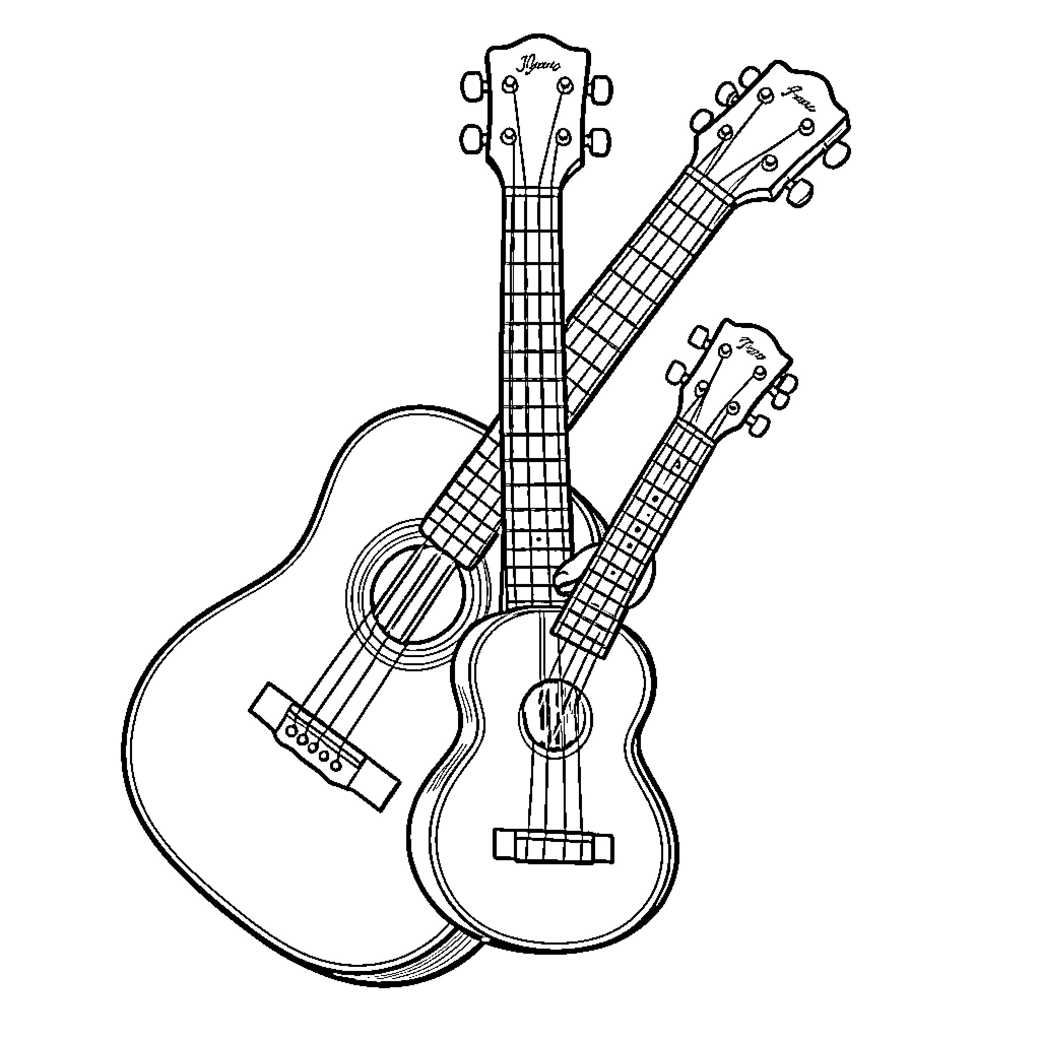 Guitar trio playing together Coloring Page (free black-and-white line drawing printable PDF for all, from beginners to advanced learners, including children, teens, adults, and seniors)