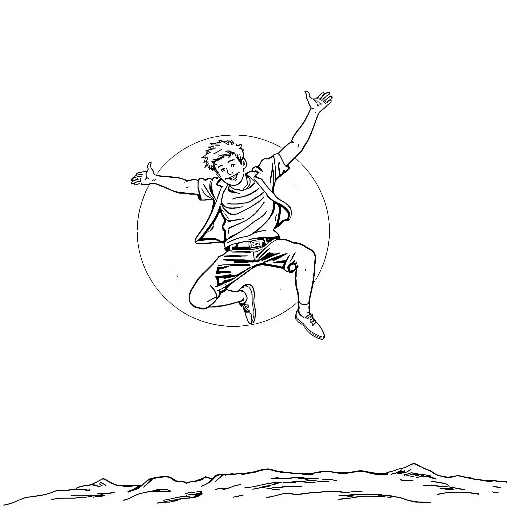 Brian's Joyful Leap in the Wilderness Coloring Page (free black-and-white line drawing printable PDF for all, from beginners to advanced learners, including children, teens, adults, and seniors)