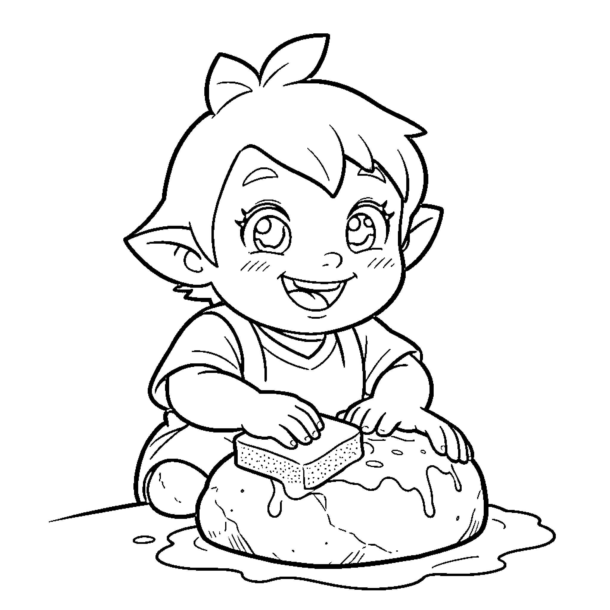 Maka Paka elf baby playing with a large snack Coloring Page (free black-and-white line drawing printable PDF for all, from beginners to advanced learners, including children, teens, adults, and seniors)