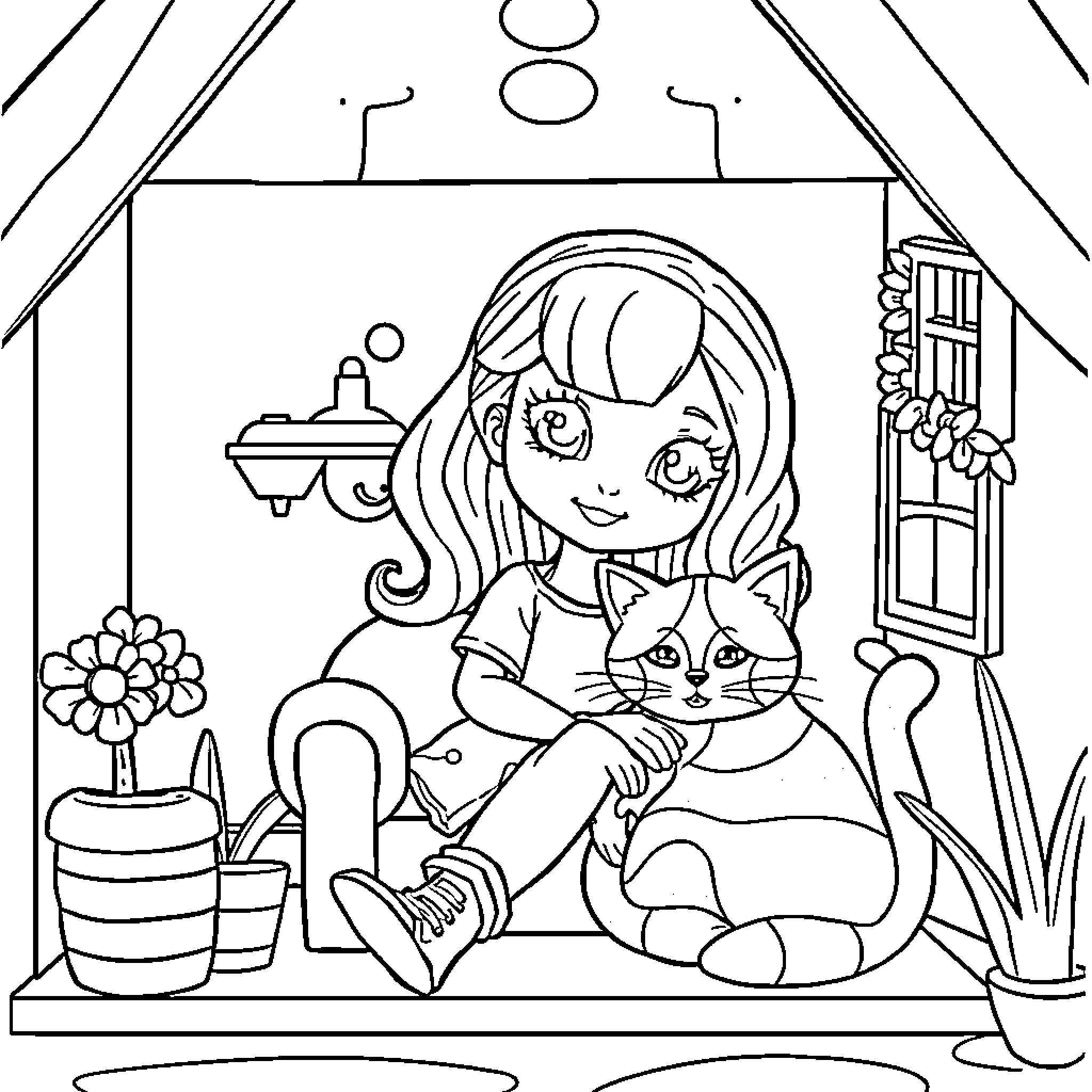 Gabby and her Feline Friend Relaxing in Cozy Nook Coloring Page (free black-and-white line drawing printable PDF for all, from beginners to advanced learners, including children, teens, adults, and seniors)