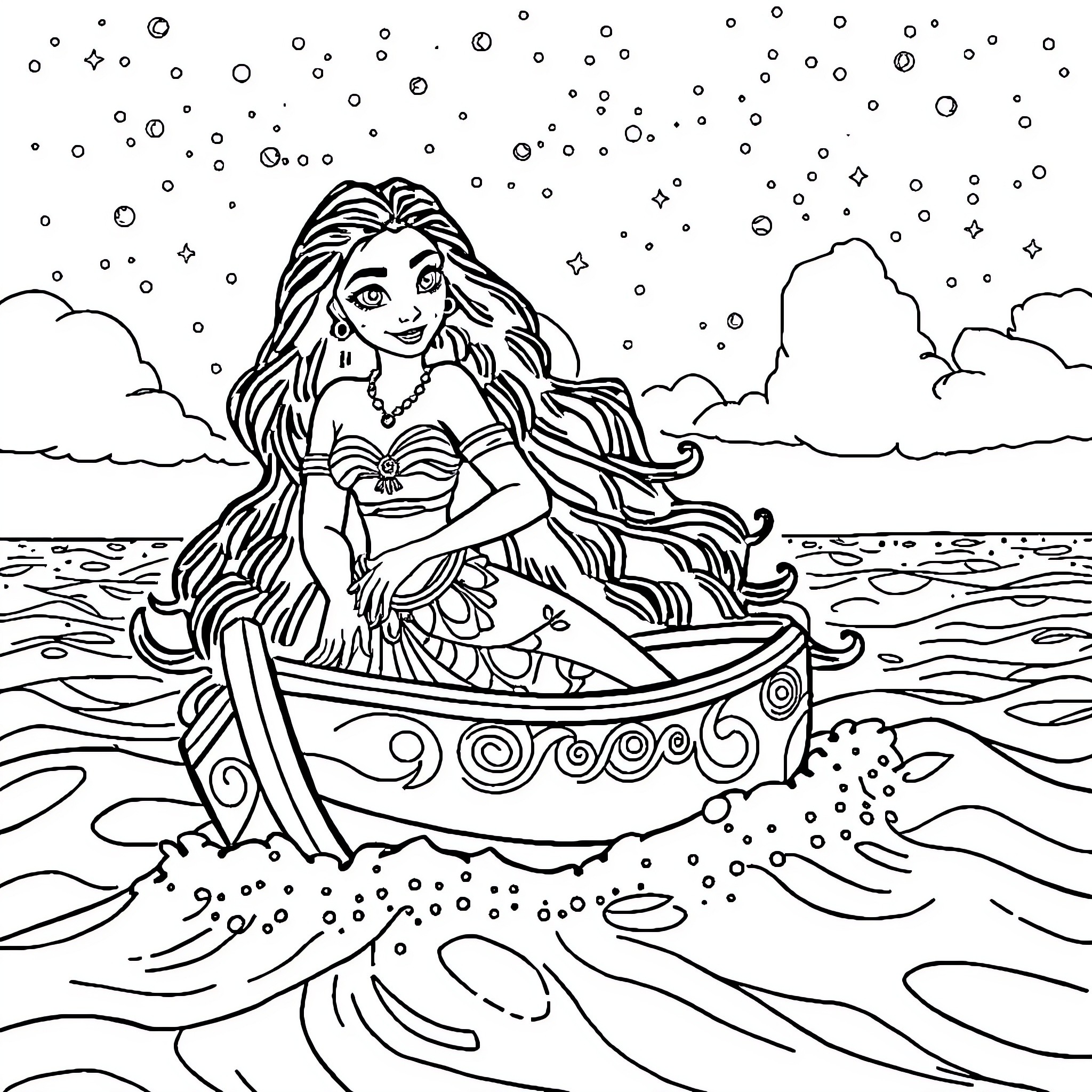 Vaiana sailing through the sea in her boat Coloring Page (free black-and-white line drawing printable PDF for all, from beginners to advanced learners, including children, teens, adults, and seniors)