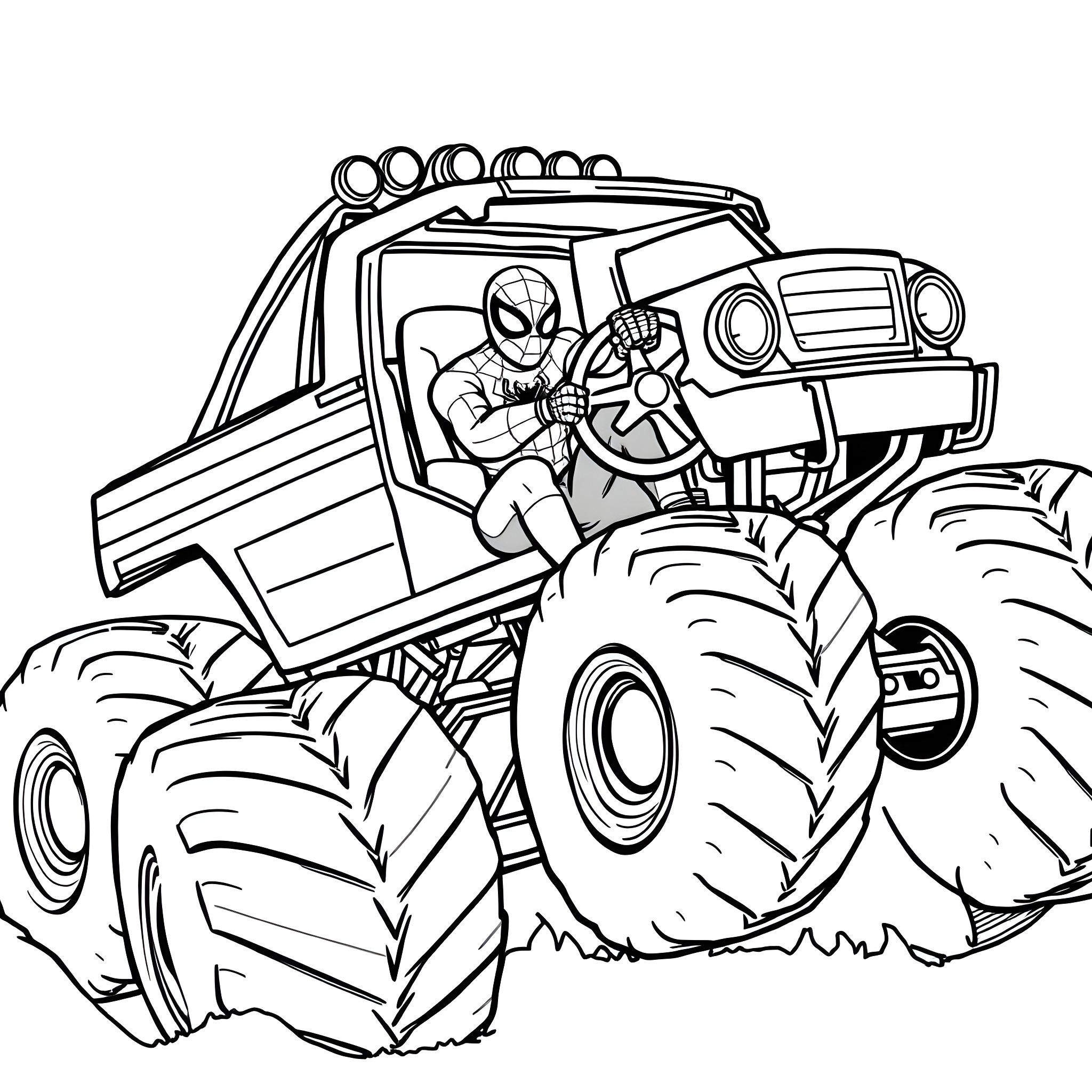Spiderman driving a monster truck over obstacles Coloring Page (free black-and-white line drawing printable PDF for all, from beginners to advanced learners, including children, teens, adults, and seniors)