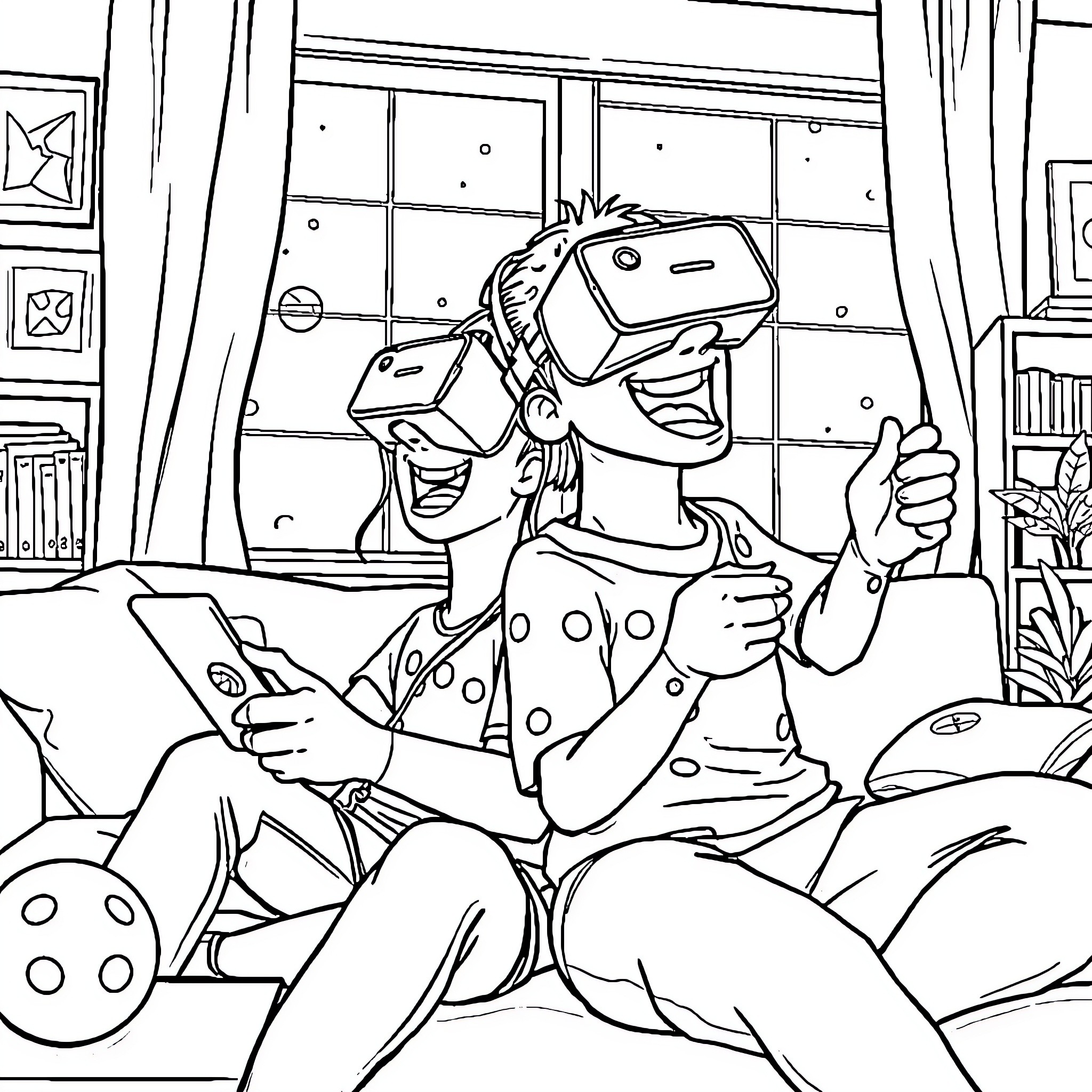 Bluey exploring virtual reality at home Coloring Page (free black-and-white line drawing printable PDF for all, from beginners to advanced learners, including children, teens, adults, and seniors)