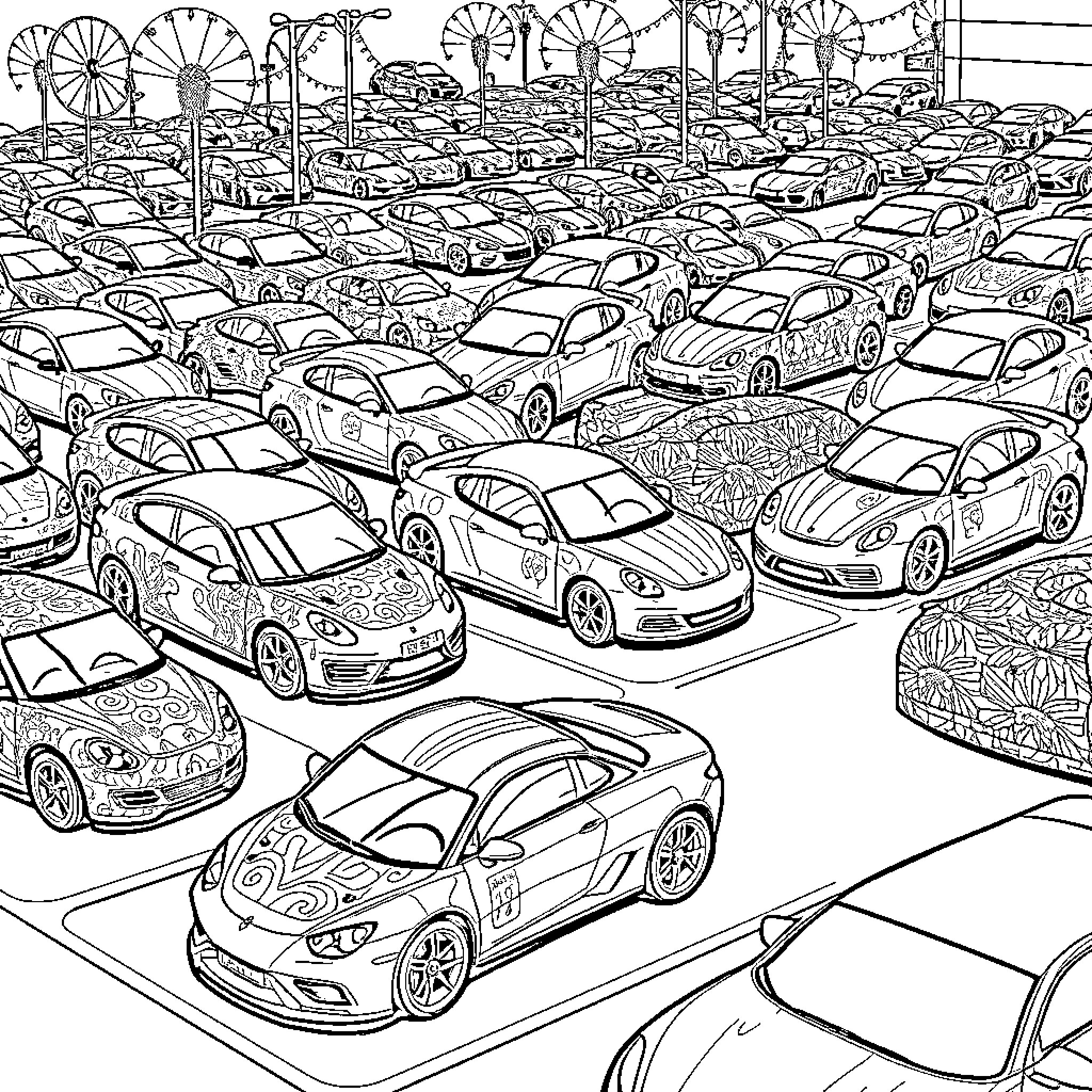 Cars lined up in a busy parking lot Coloring Page (free black-and-white line drawing printable PDF for all, from beginners to advanced learners, including children, teens, adults, and seniors)
