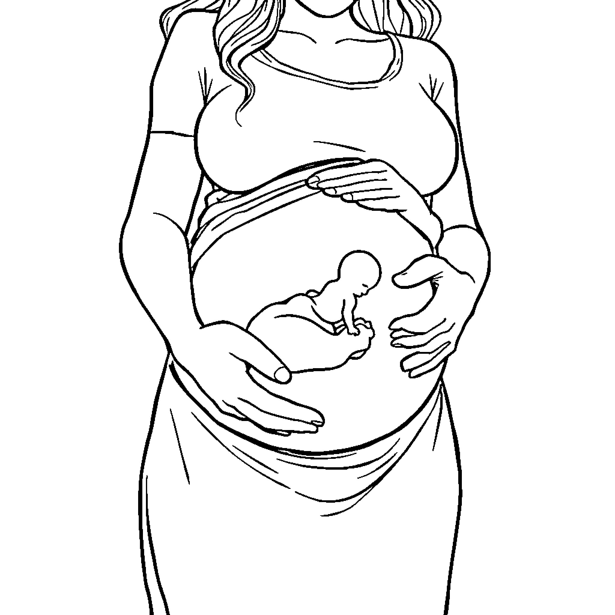 Woman embracing and protecting her unborn child Coloring Page (free black-and-white line drawing printable PDF for all, from beginners to advanced learners, including children, teens, adults, and seniors)