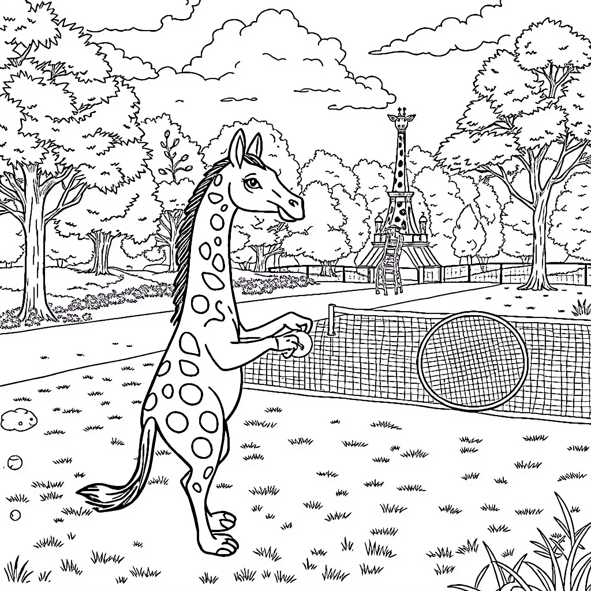 Unicorn playing tennis in a whimsical park landscape Coloring Page (free black-and-white line drawing printable PDF for all, from beginners to advanced learners, including children, teens, adults, and seniors)