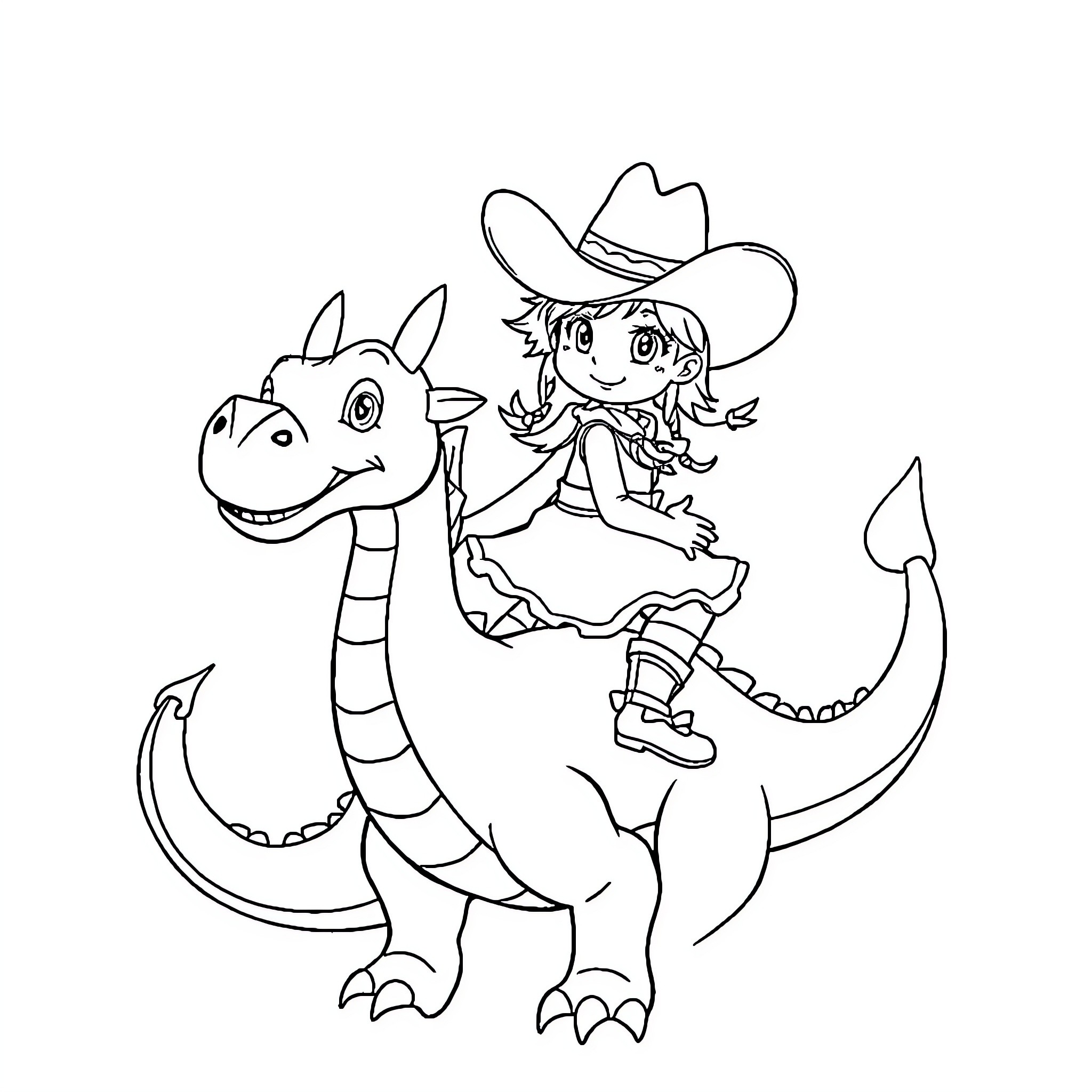 Cowgirl riding a friendly dinosaur Coloring Page (free black-and-white line drawing printable PDF for all, from beginners to advanced learners, including children, teens, adults, and seniors)