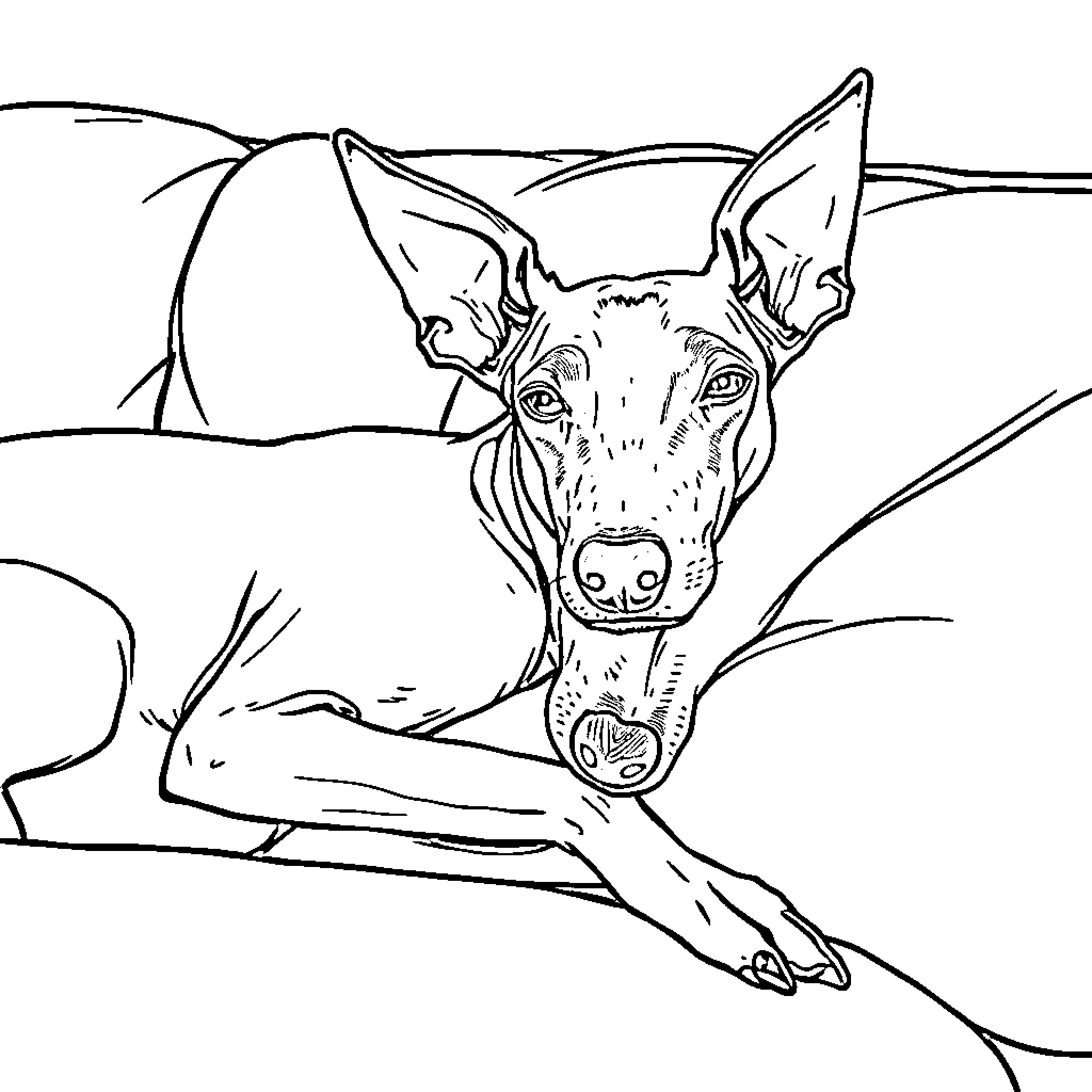 Italian Greyhound resting in simple sketch Coloring Page (free black-and-white line drawing printable PDF for all, from beginners to advanced learners, including children, teens, adults, and seniors)