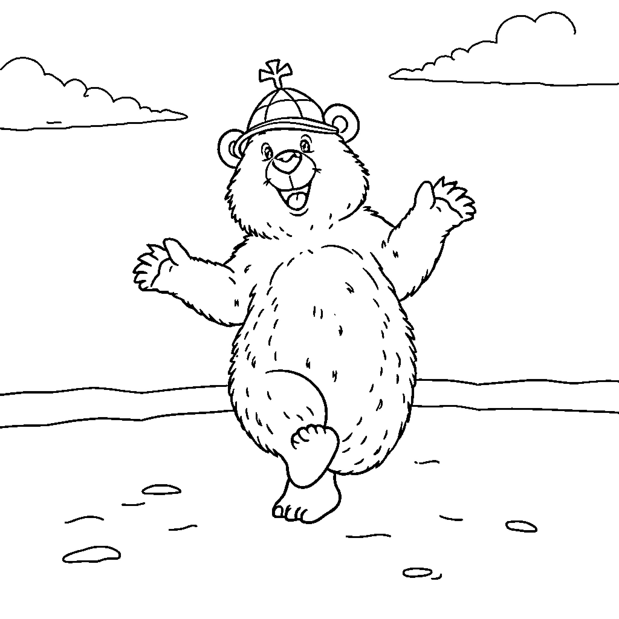 Bear happily waving in the outdoors Coloring Page (free black-and-white line drawing printable PDF for all, from beginners to advanced learners, including children, teens, adults, and seniors)