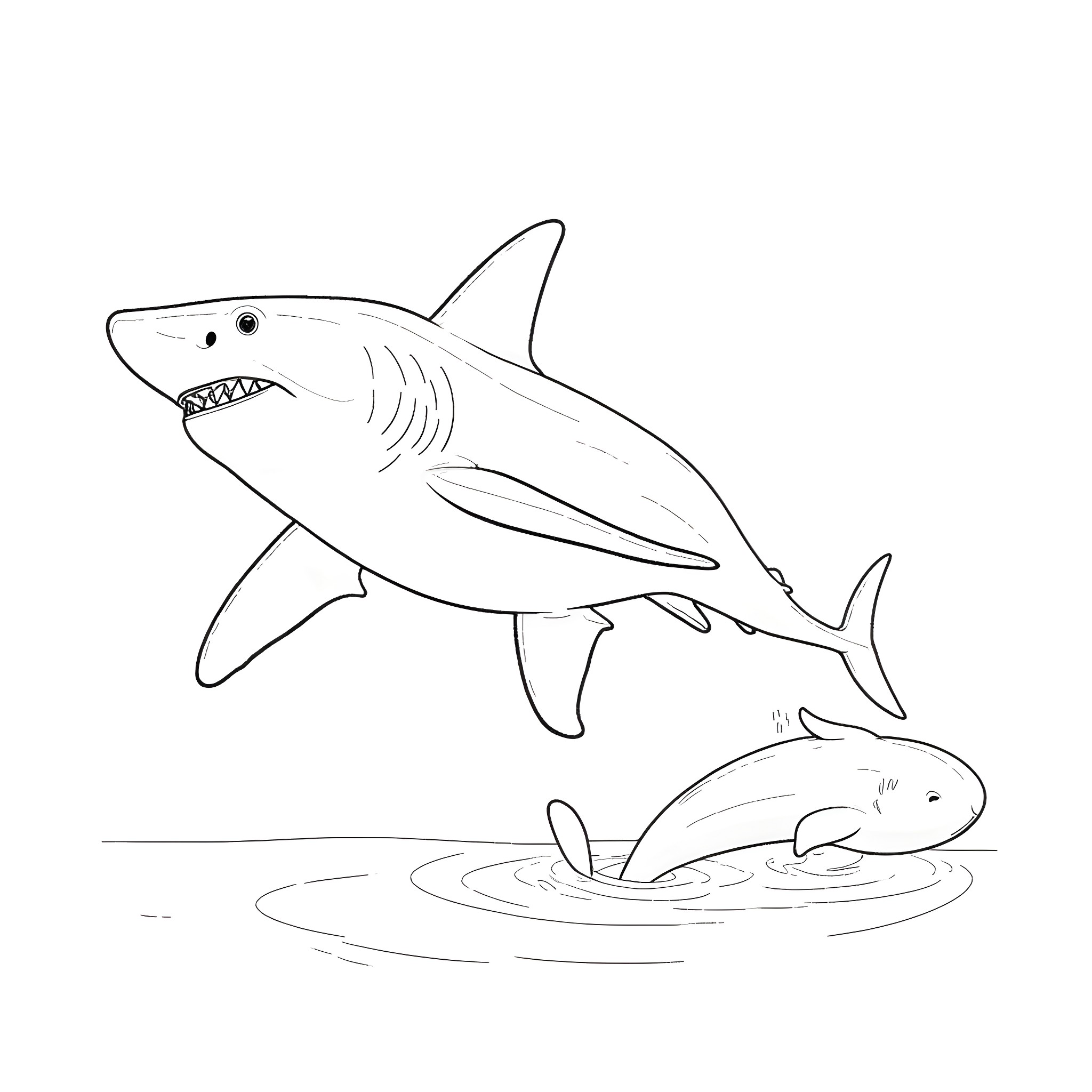 Shark swimming with small fish in the water Coloring Page (free black-and-white line drawing printable PDF for all, from beginners to advanced learners, including children, teens, adults, and seniors)