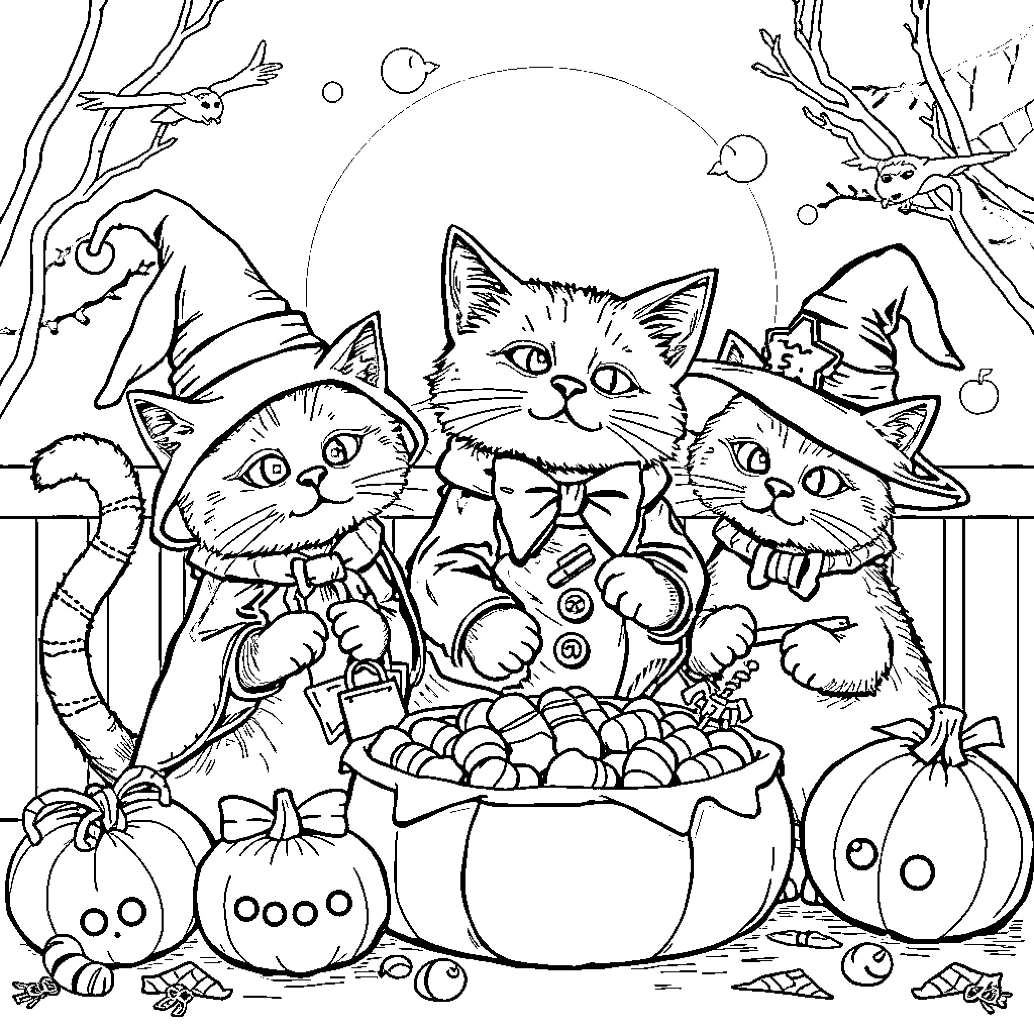 Cat Trick-or-Treating with Friends in Autumn Coloring Page (free black-and-white line drawing printable PDF for all, from beginners to advanced learners, including children, teens, adults, and seniors)
