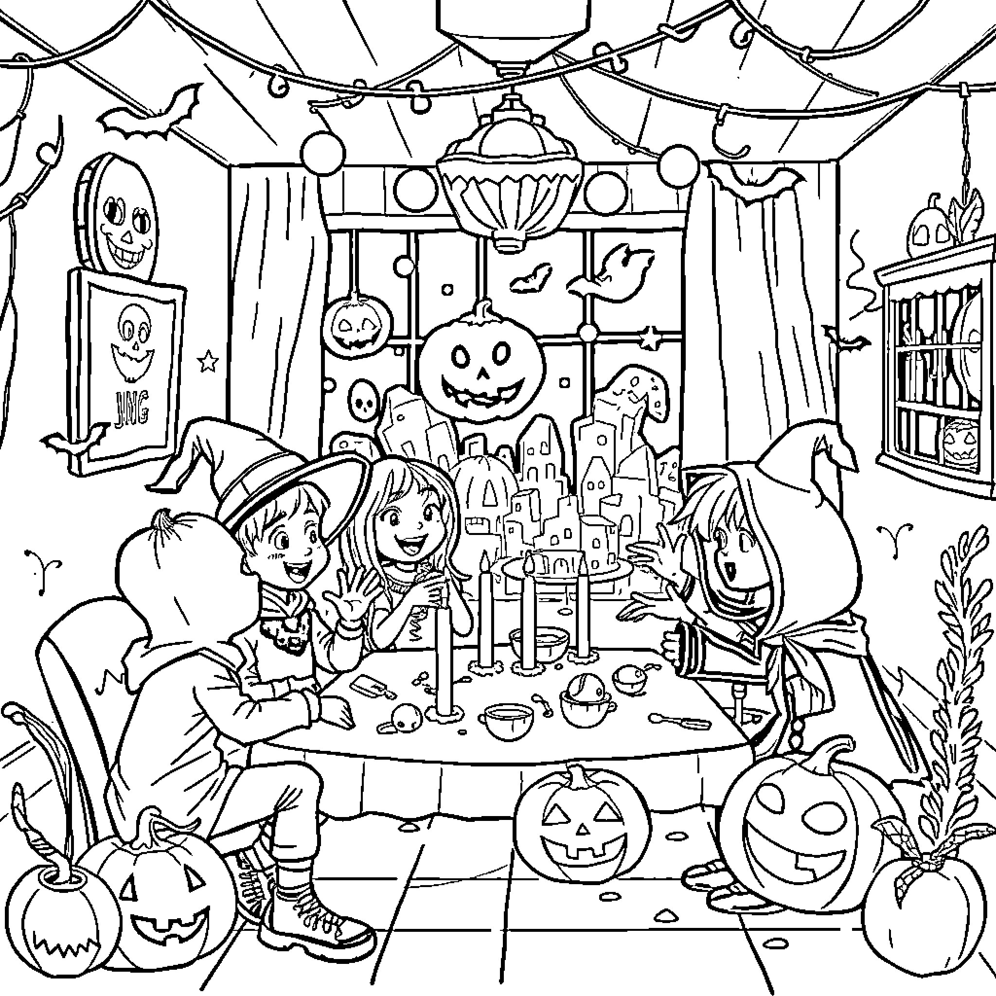 Halloween Party with Joyful Costumes and Decorations Coloring Page (free black-and-white line drawing printable PDF for all, from beginners to advanced learners, including children, teens, adults, and seniors)