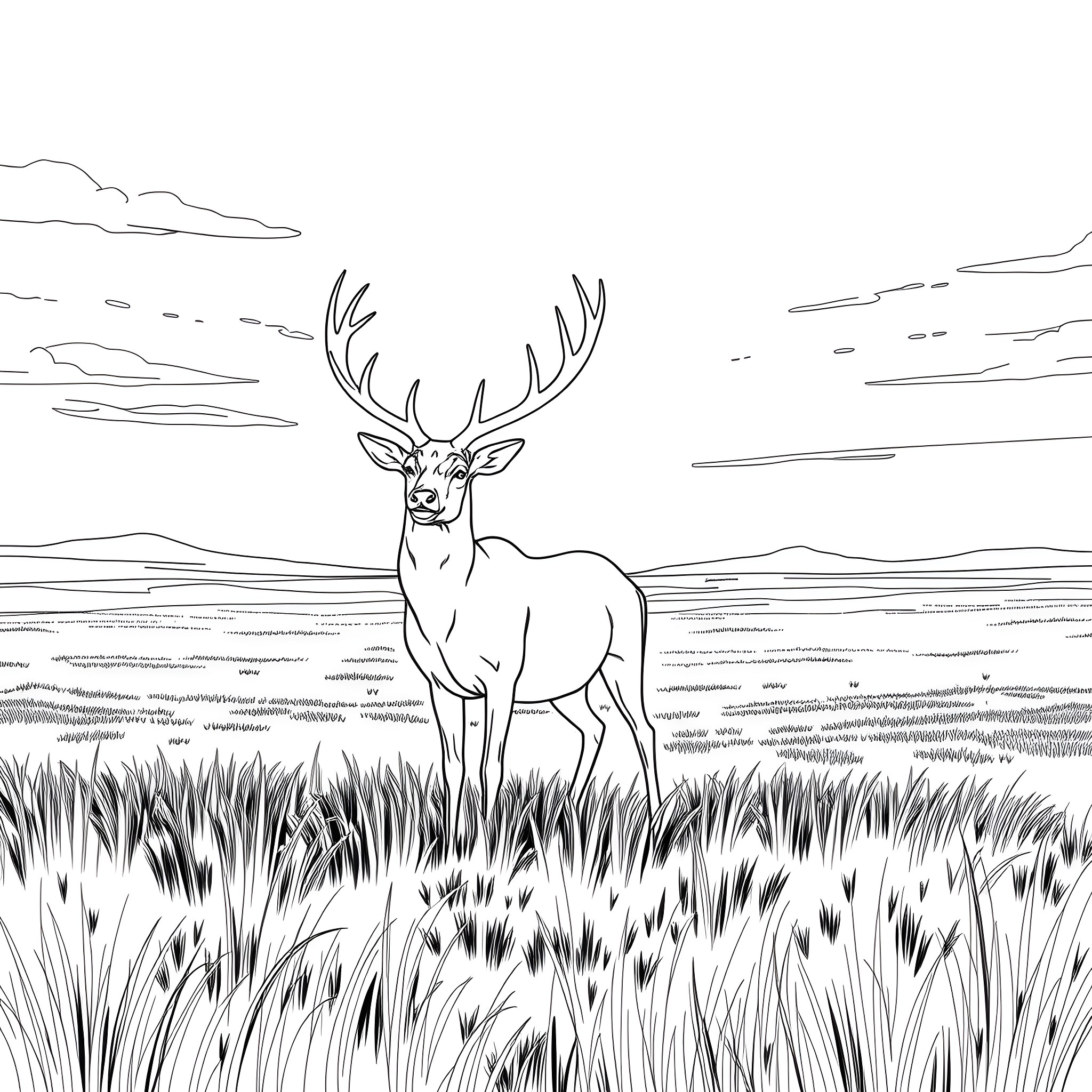 Deer standing in the meadow Coloring Page (free black-and-white line drawing printable PDF for all, from beginners to advanced learners, including children, teens, adults, and seniors)